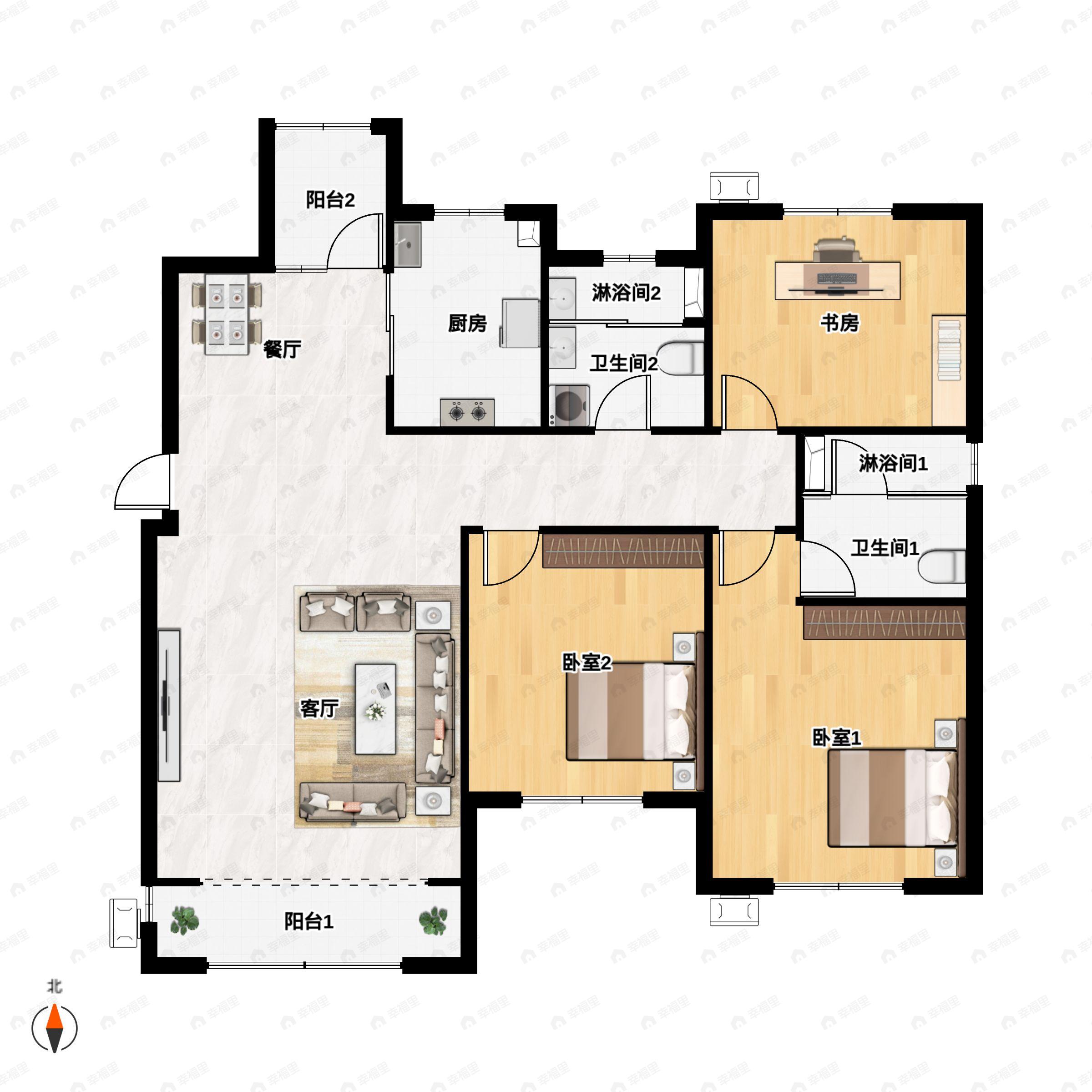 3室2厅2卫建面137平南|北户型图