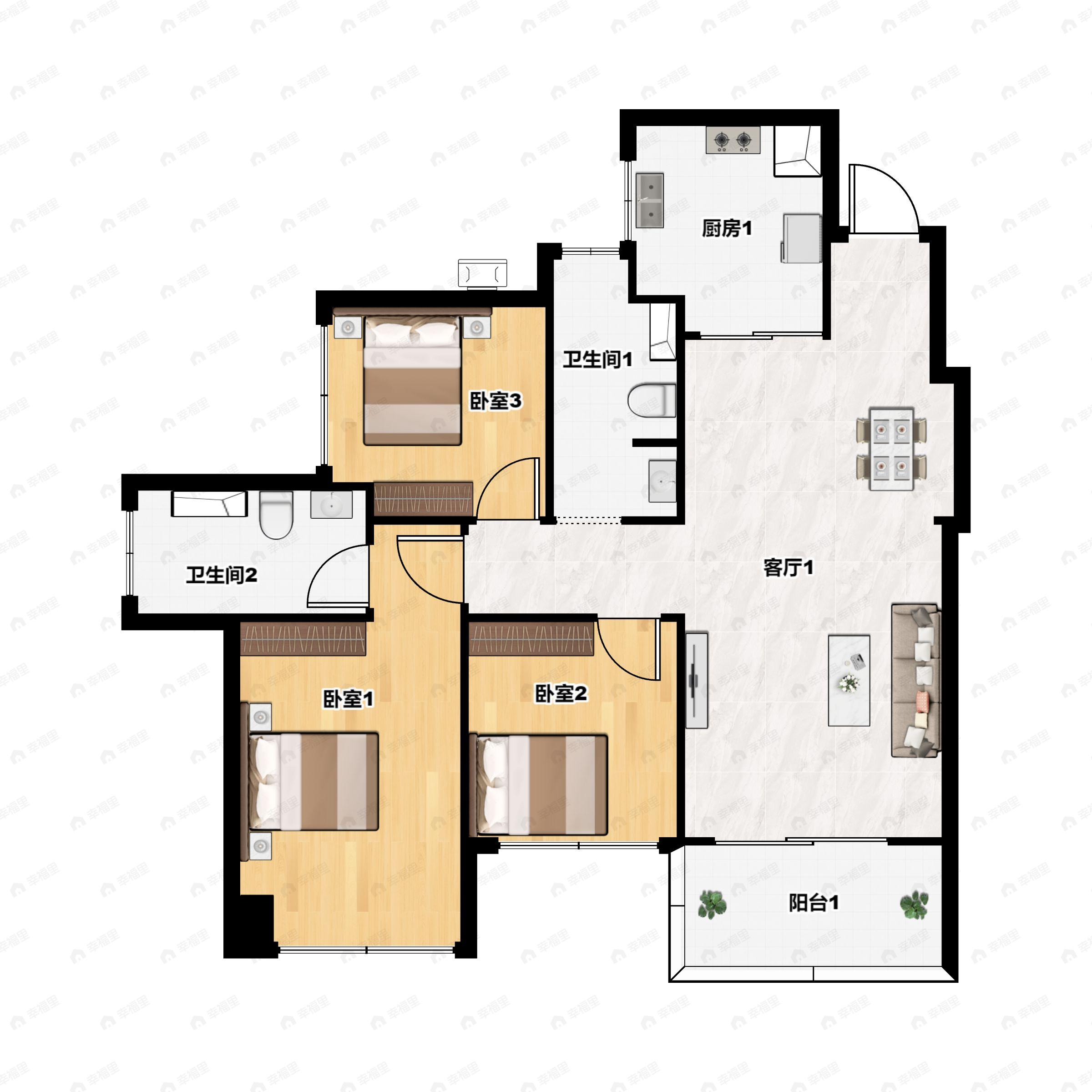 3室2厅2卫建面98平户型图