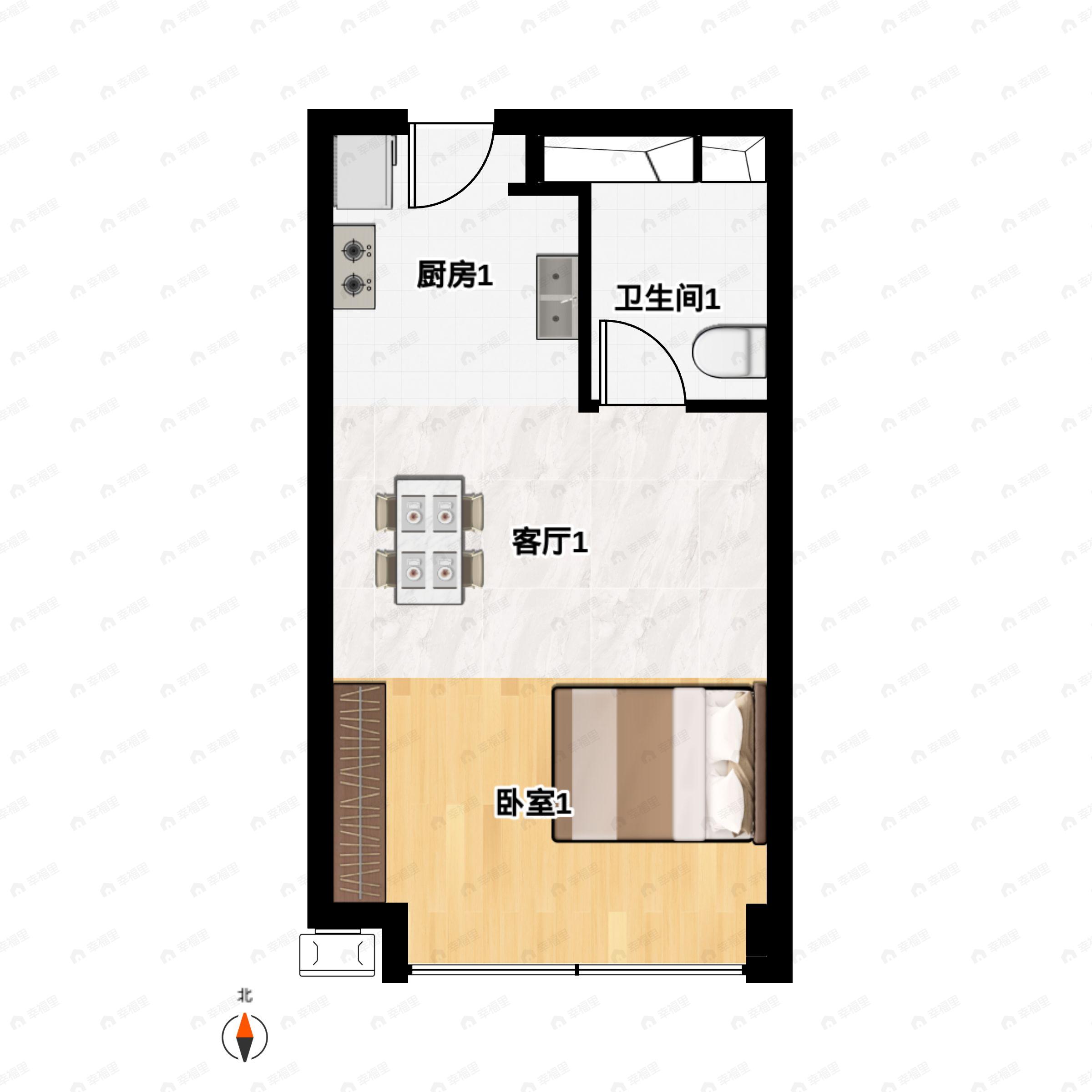 1室1厅1卫建面43平南户型图