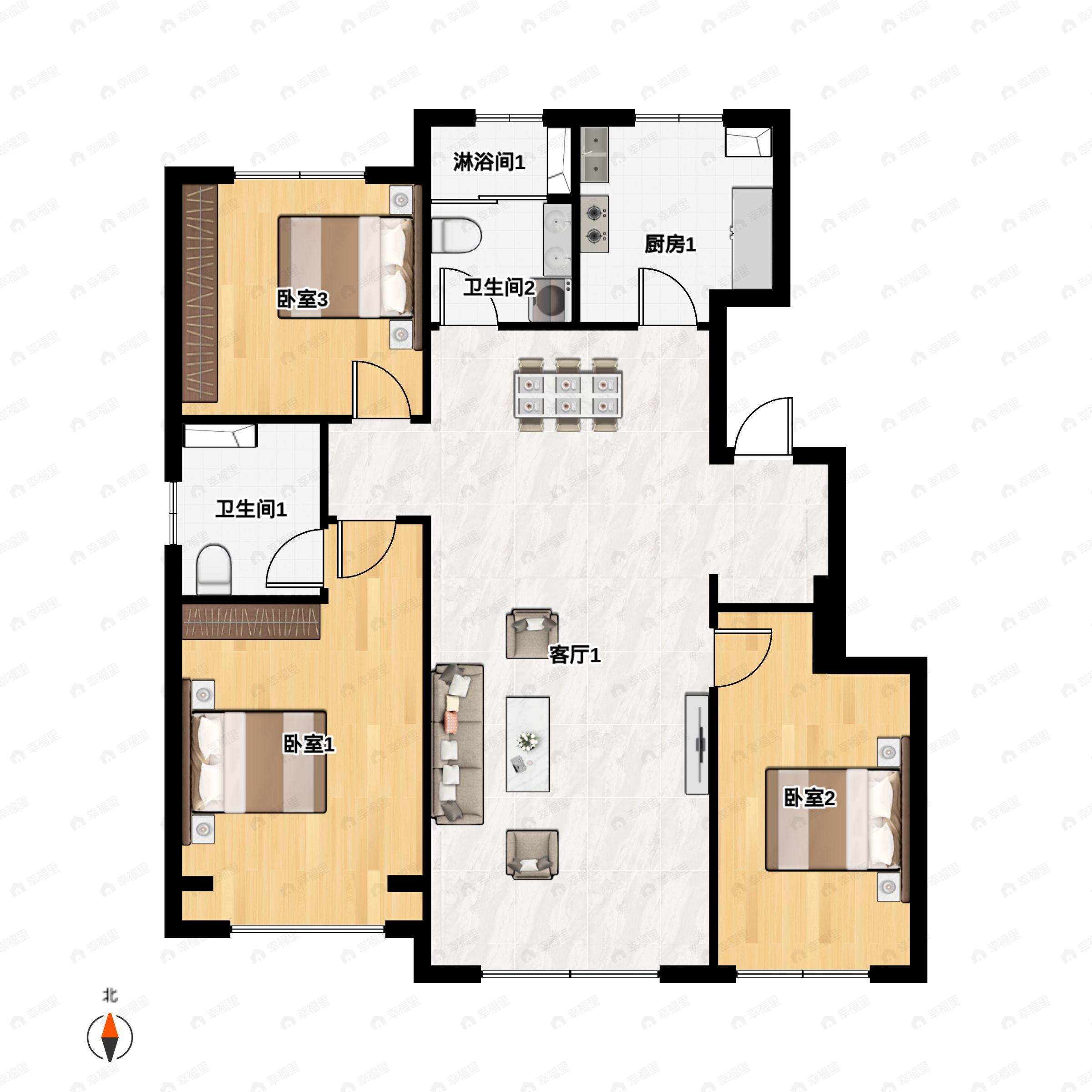 3室2厅2卫建面115平南|北户型图