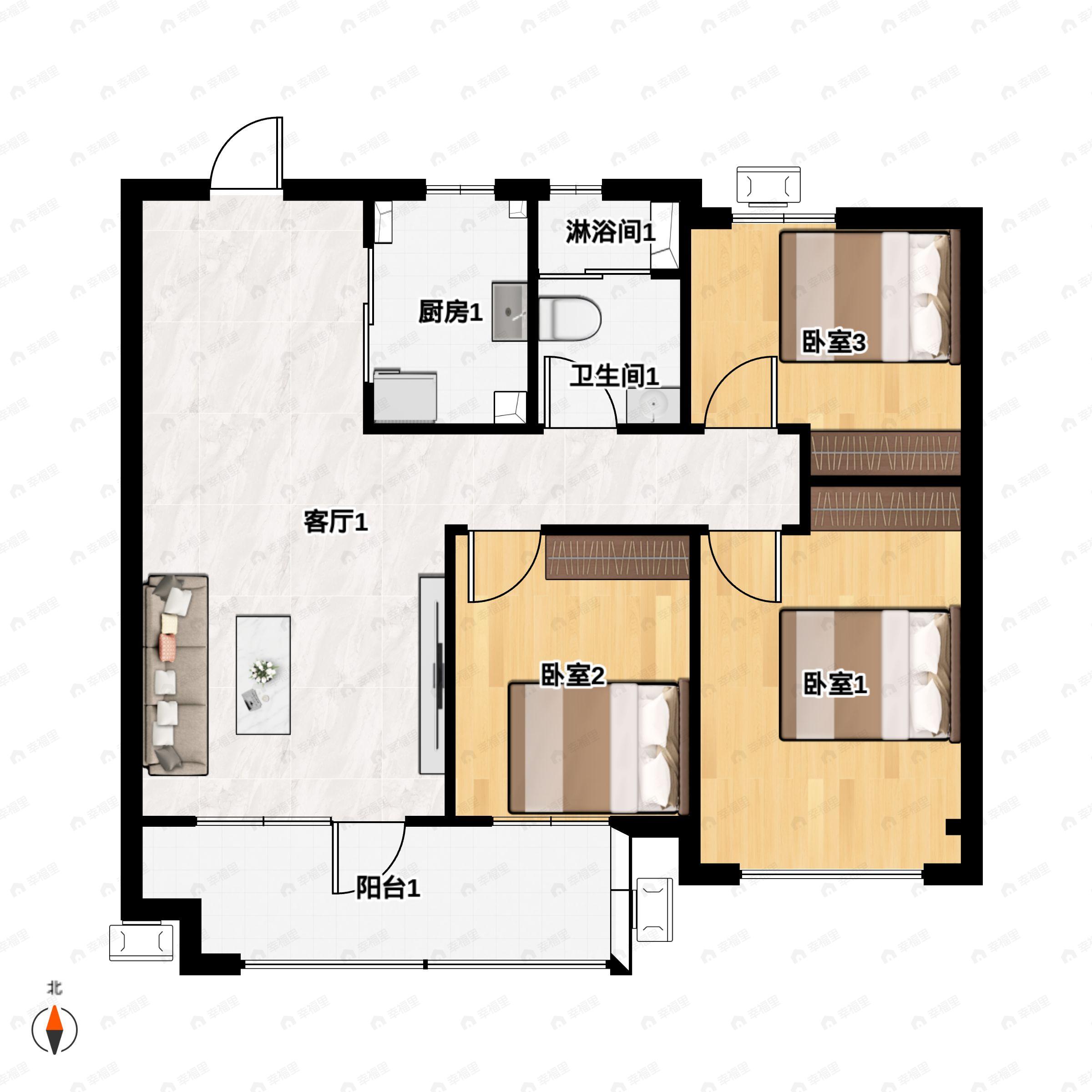 3室2厅1卫建面100平户型图