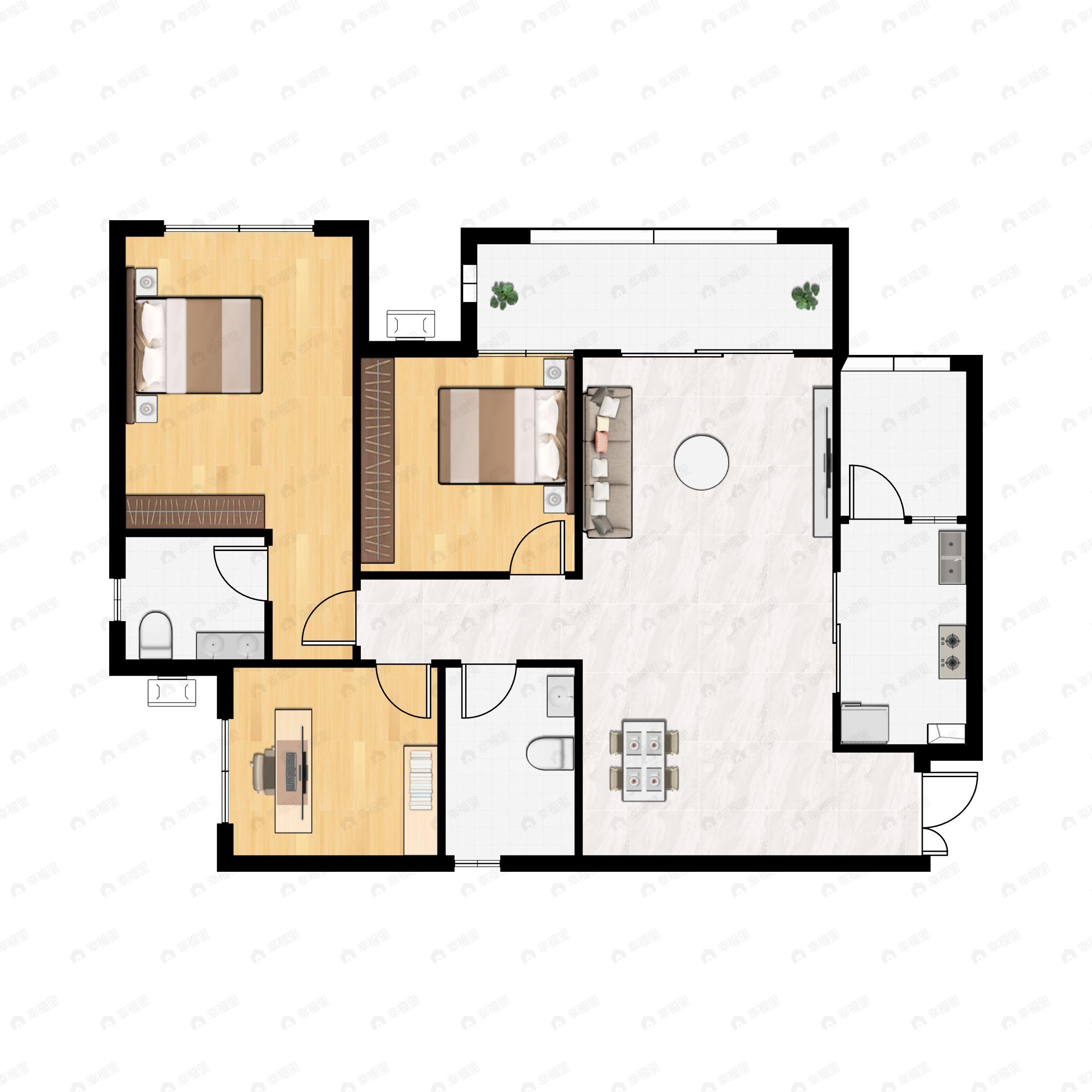 3室2厅2卫建面99m²南户型图