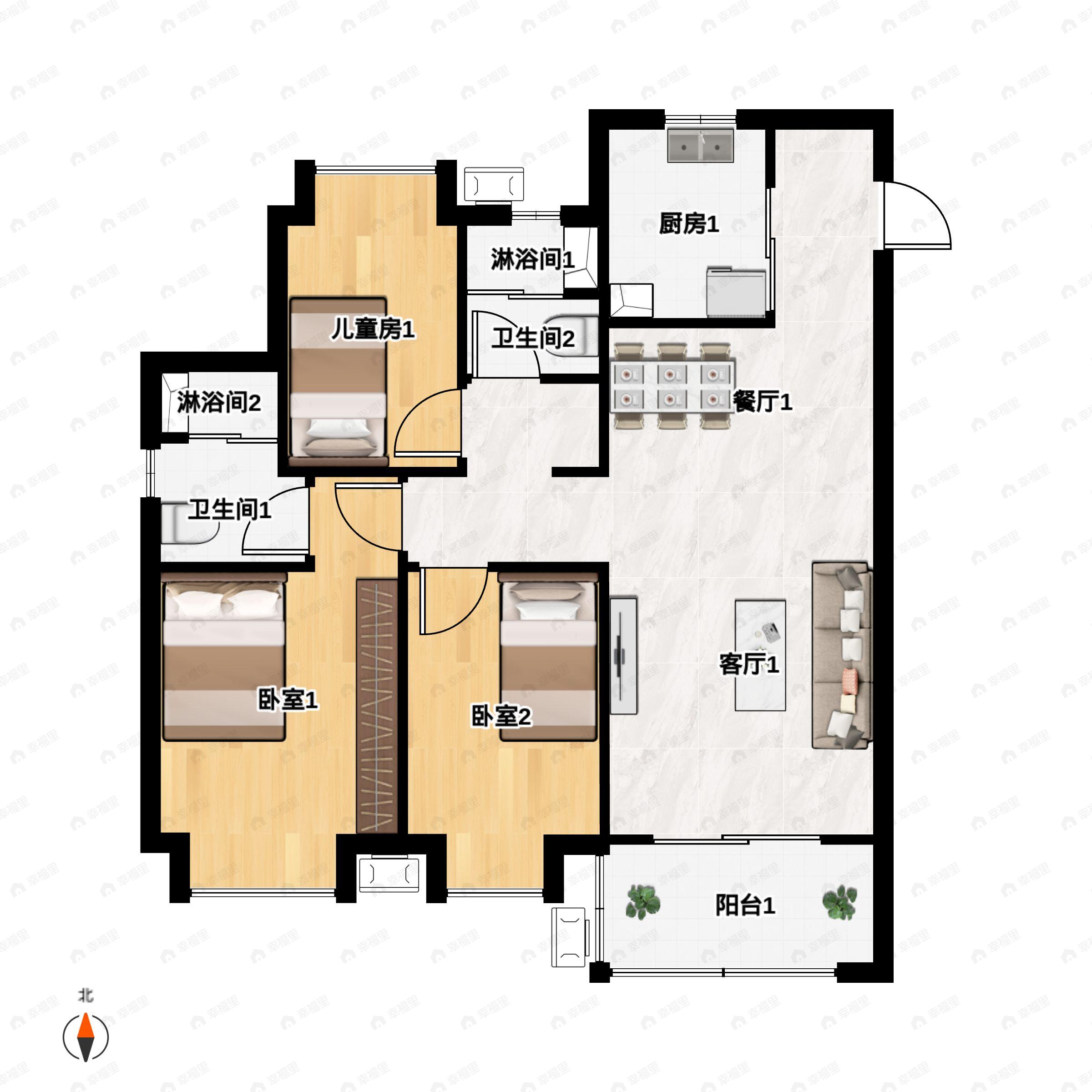 3室2厅2卫建面100平南户型图