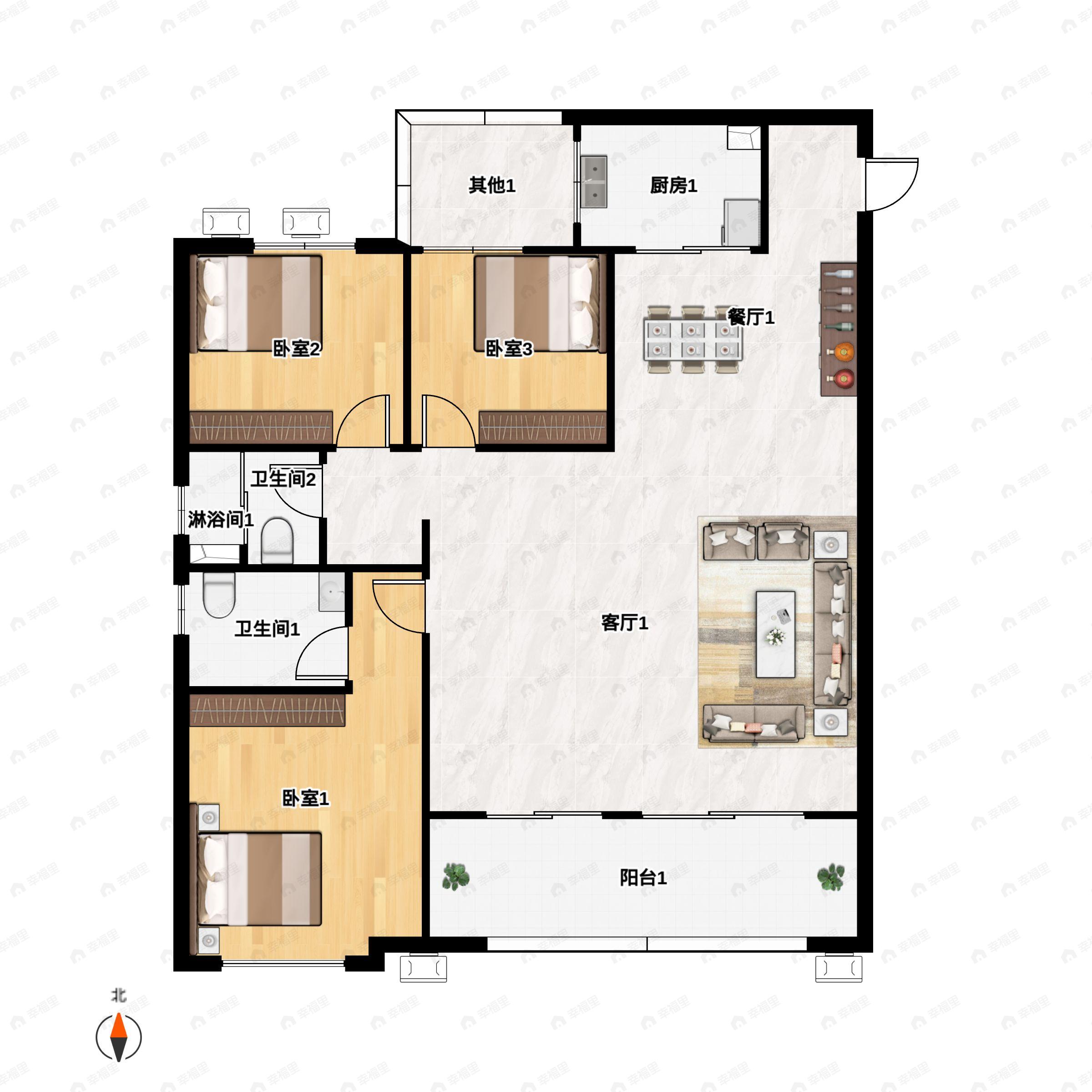 3室2厅2卫建面132m²南|北户型图