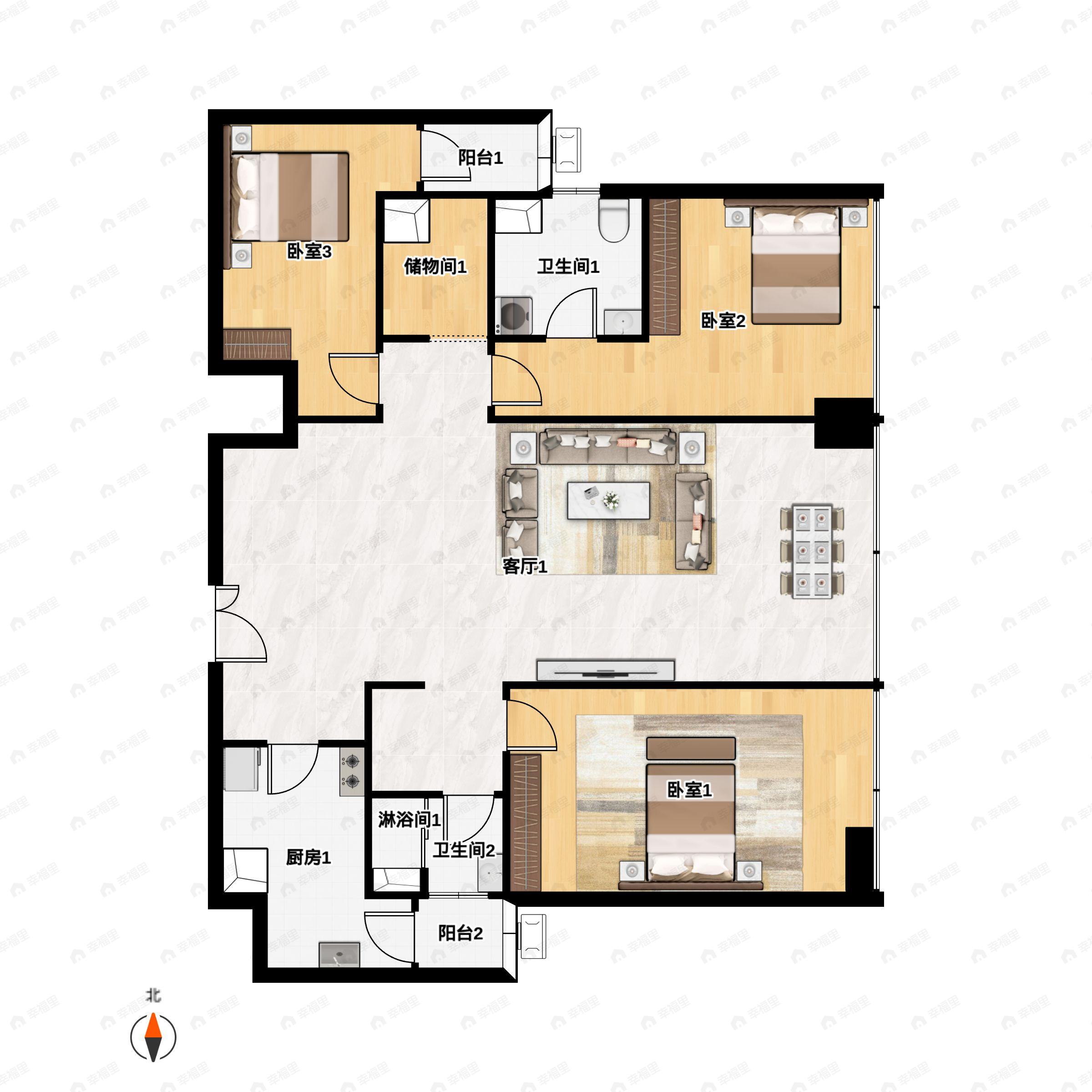 3室2厅2卫建面133平南户型图