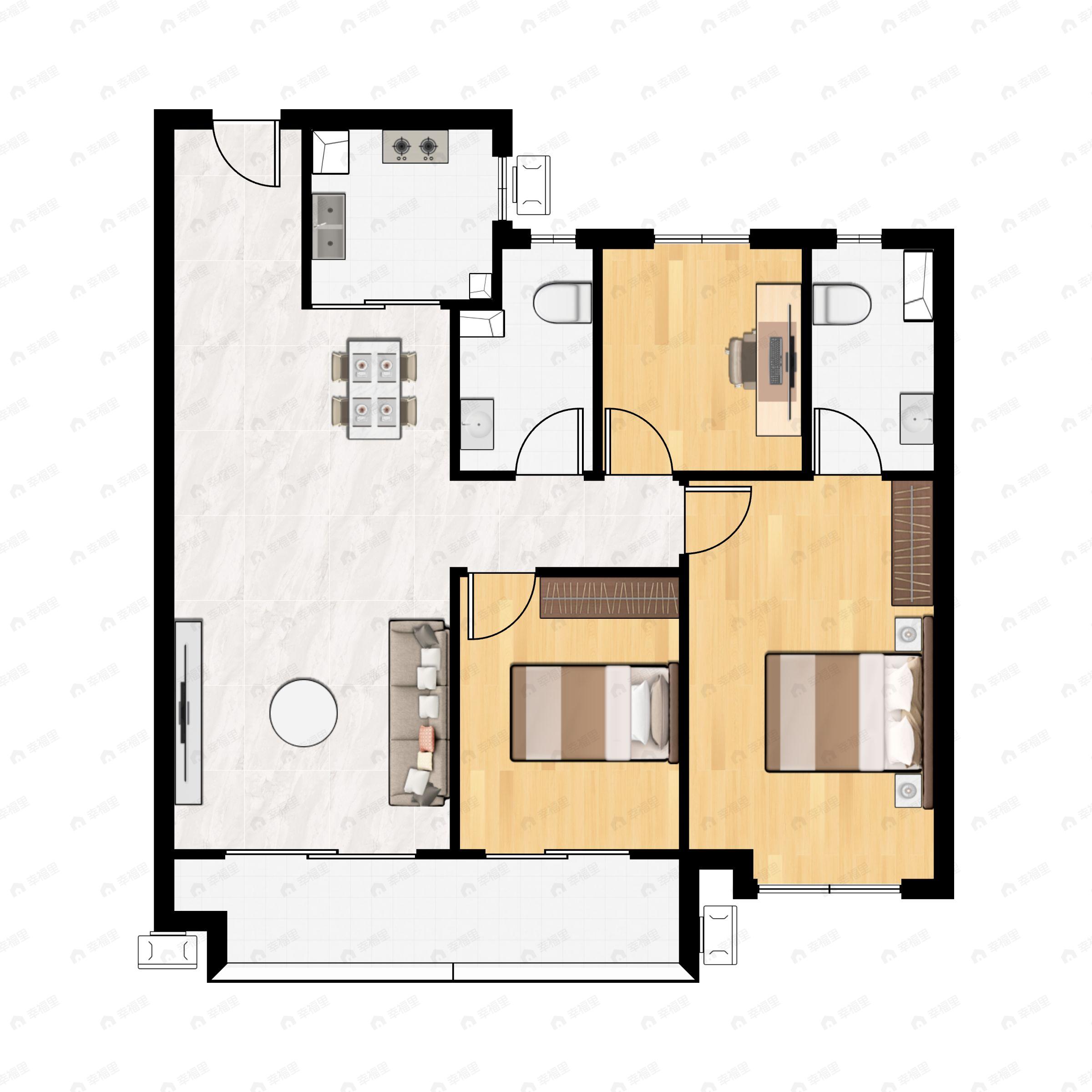 3室2厅2卫建面108平南|西南|东南户型图