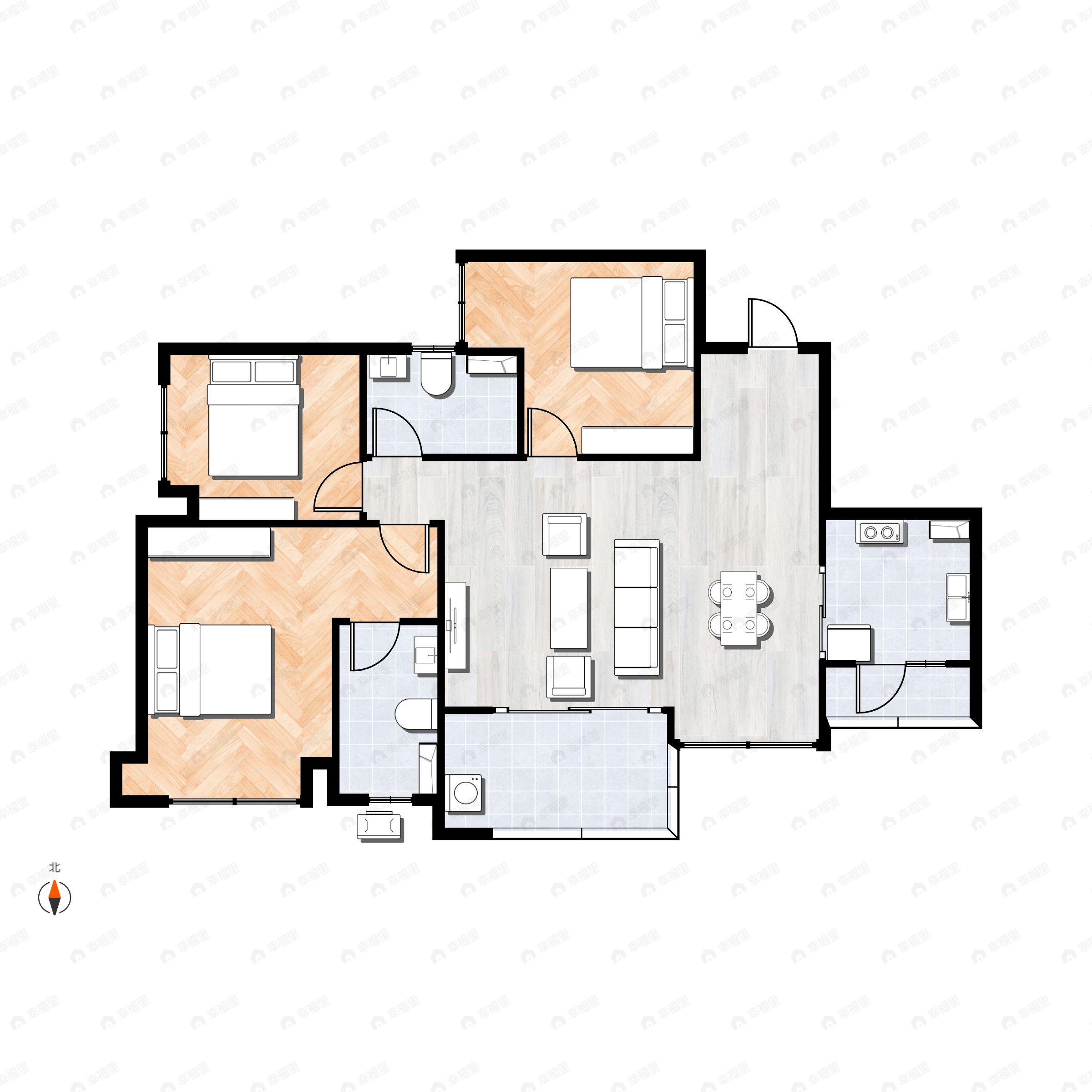 3室2厅2卫建面98m²南|东|西|北户型图