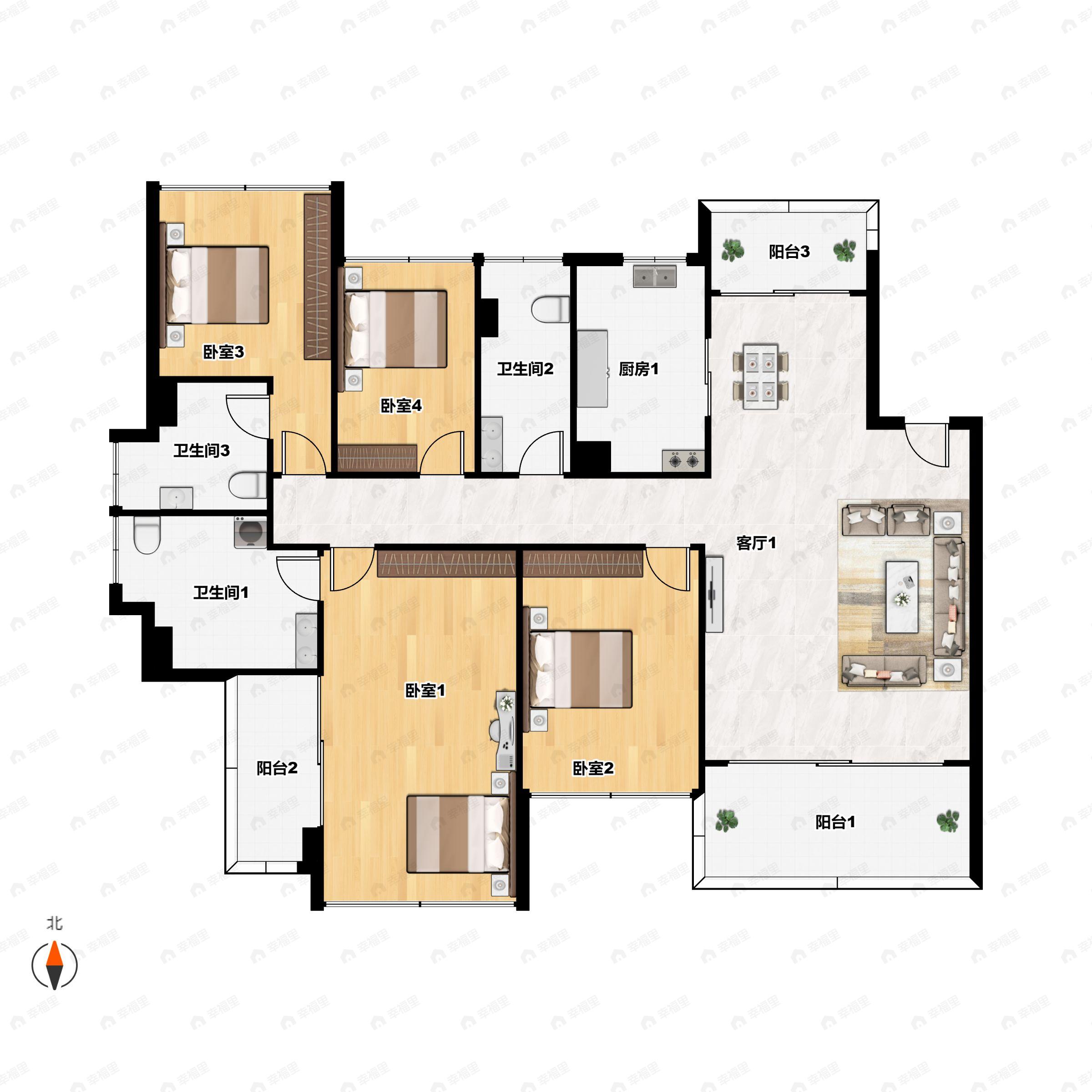 4室2厅3卫建面173平南|北户型图