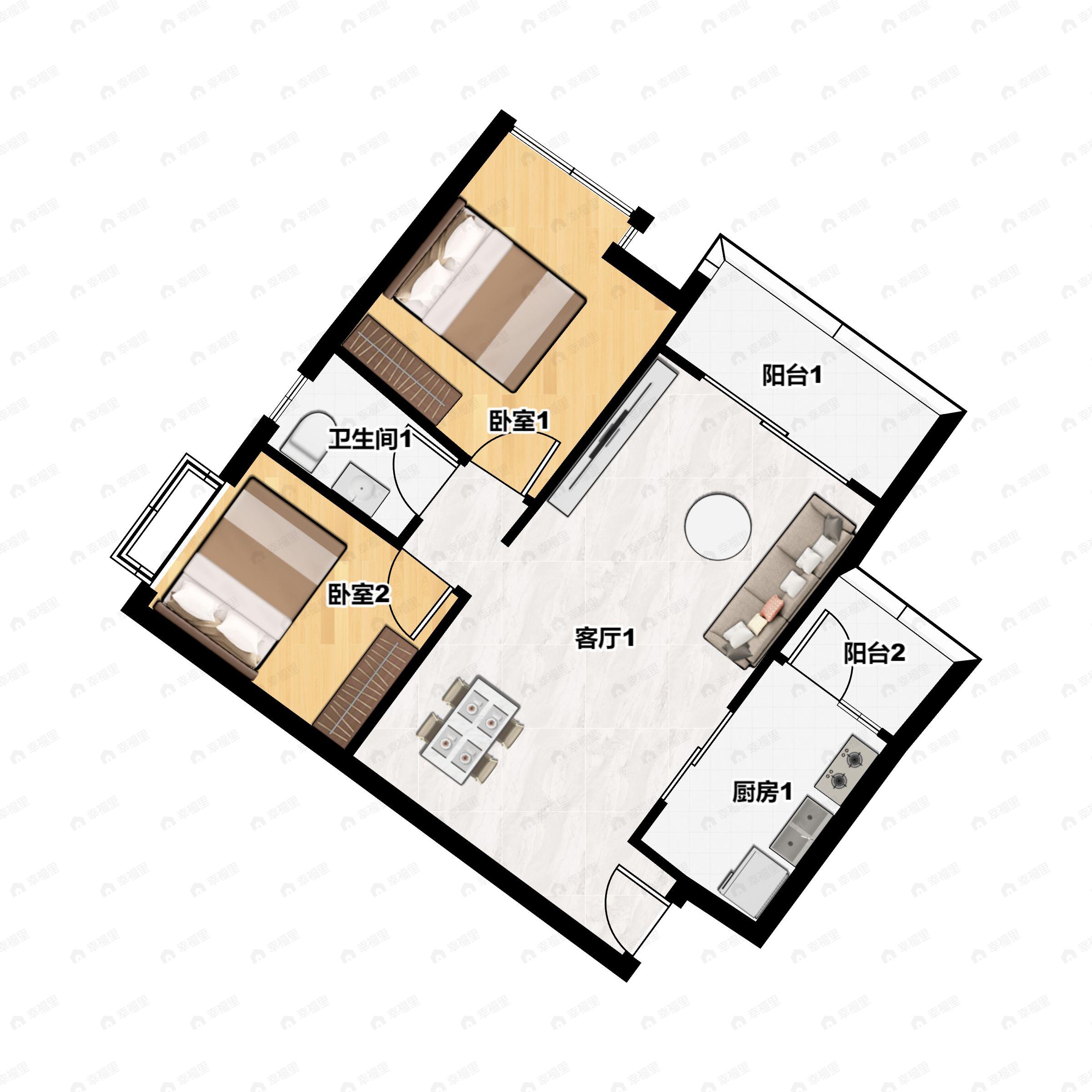 2室2厅1卫建面80m²东北户型图