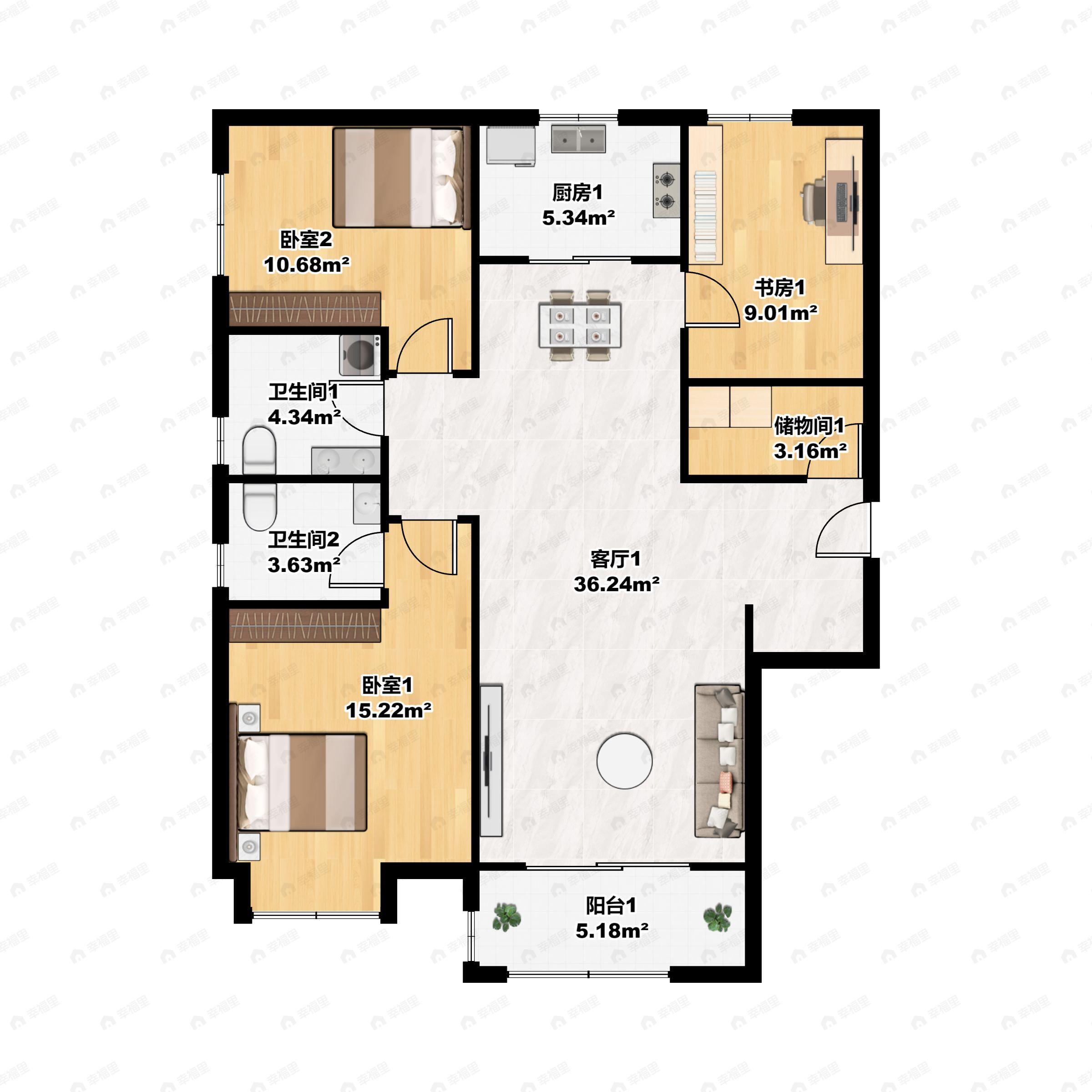 3室2厅2卫建面130平南户型图