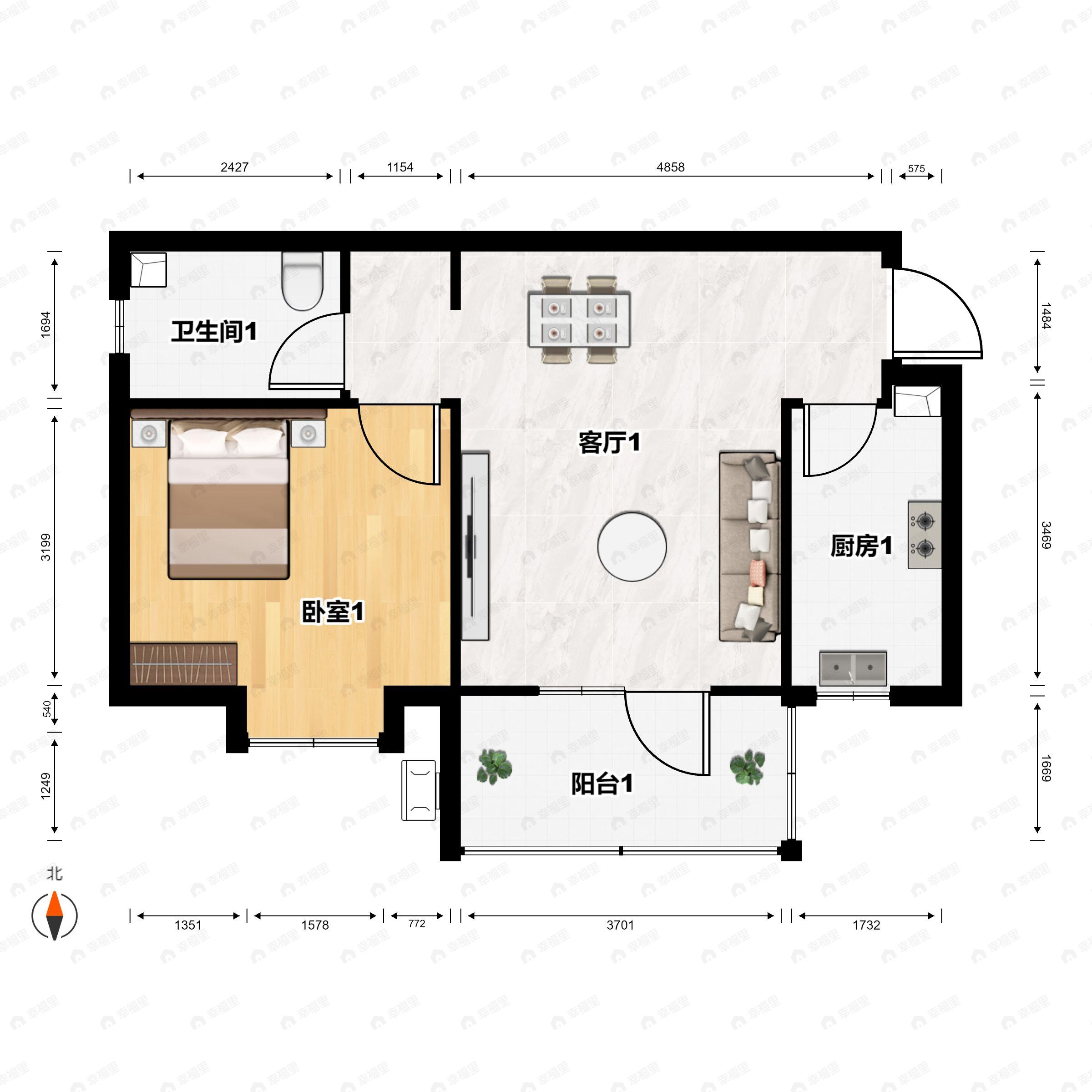 1室1厅1卫建面65m²南户型图