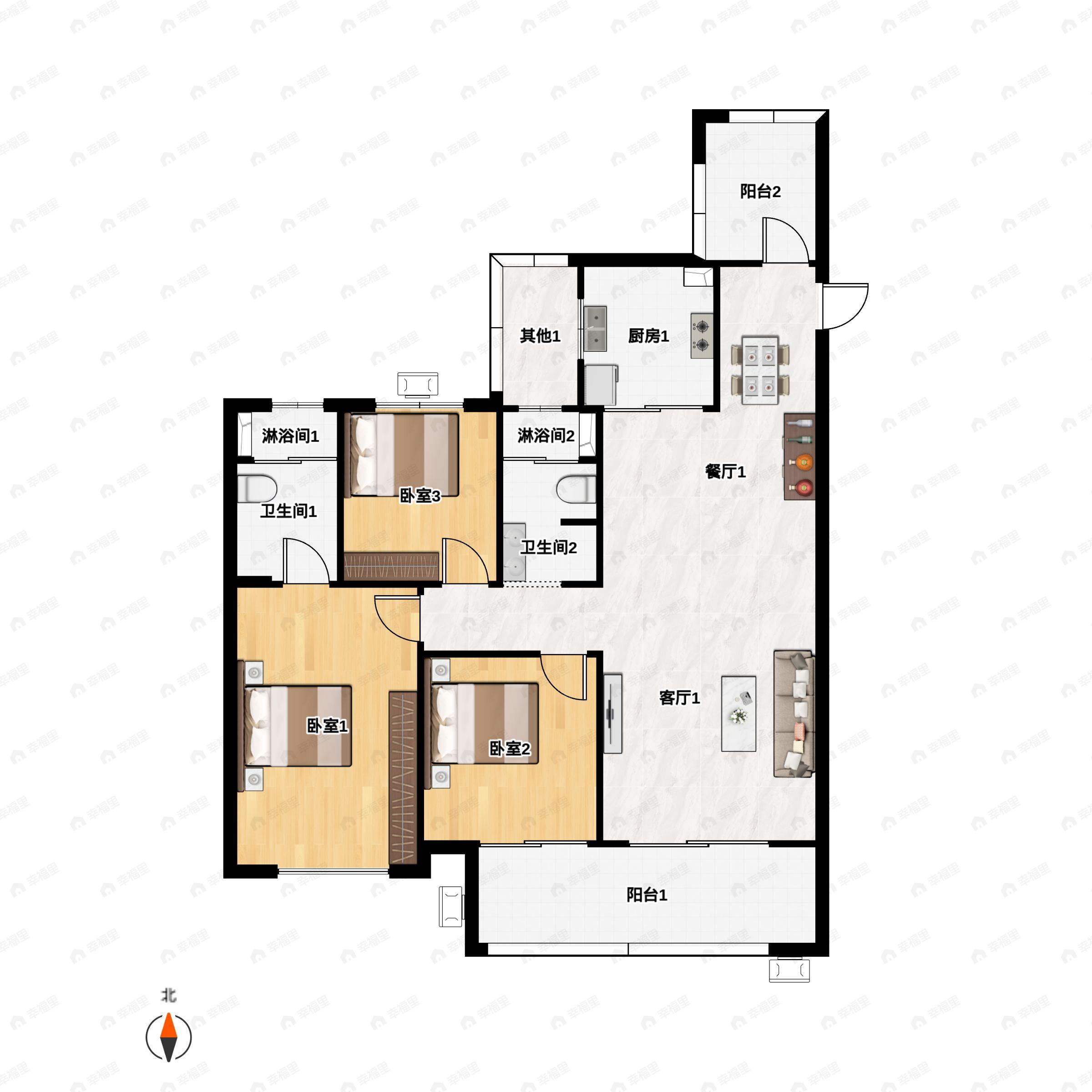 3室2厅2卫建面121m²北|南户型图