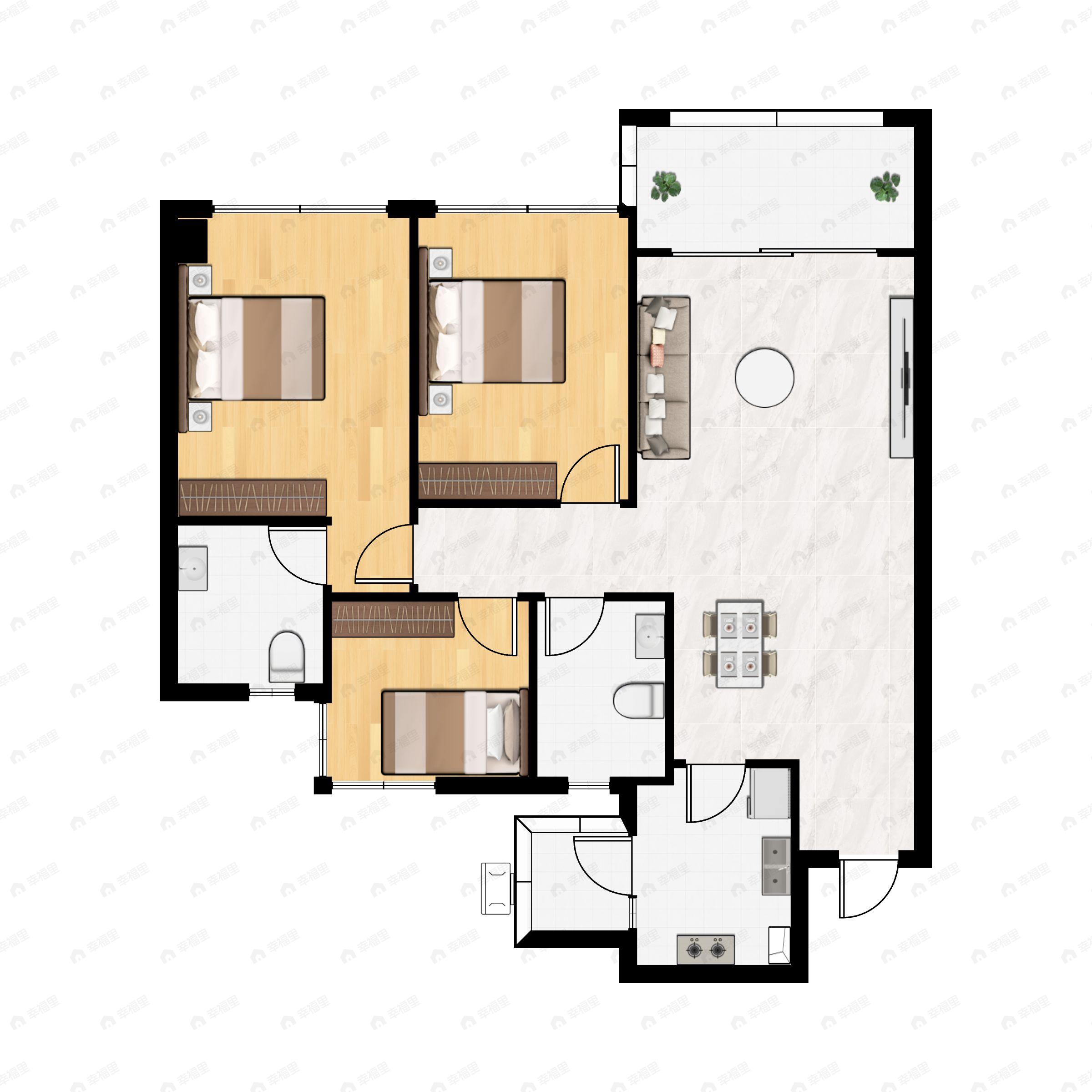 3室2厅2卫建面89平户型图