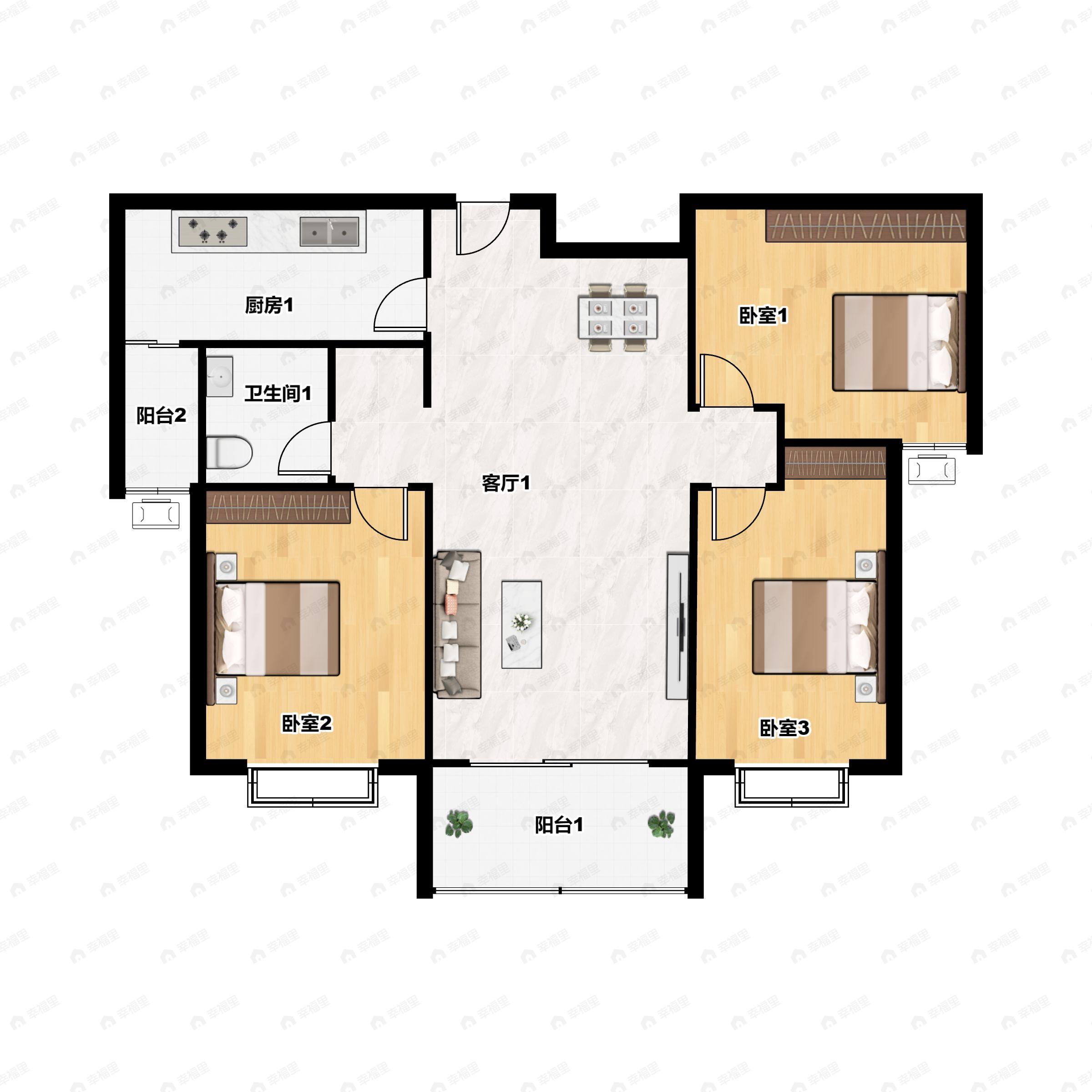 3室2厅1卫建面123m²南户型图