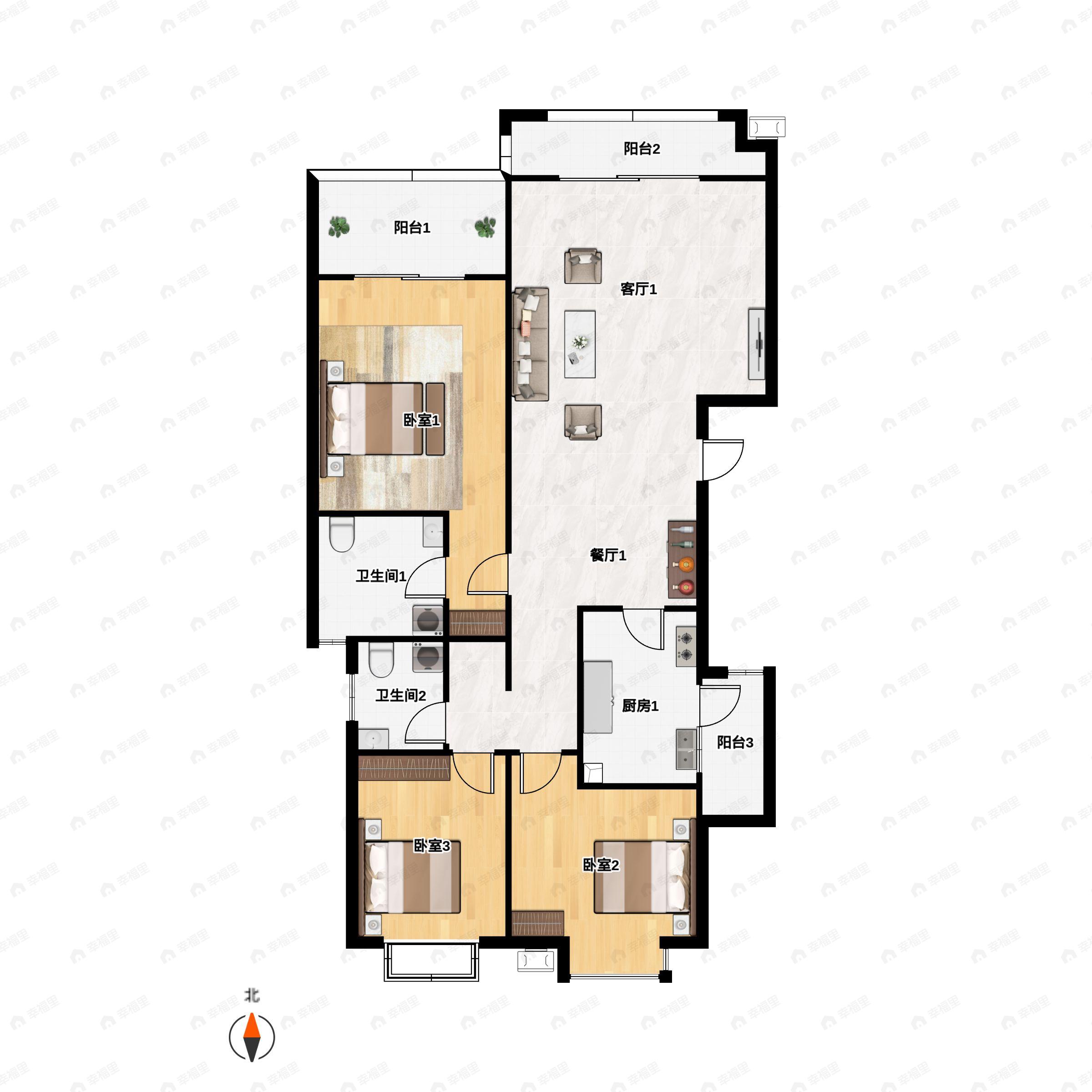 3室2厅2卫建面119m²南户型图