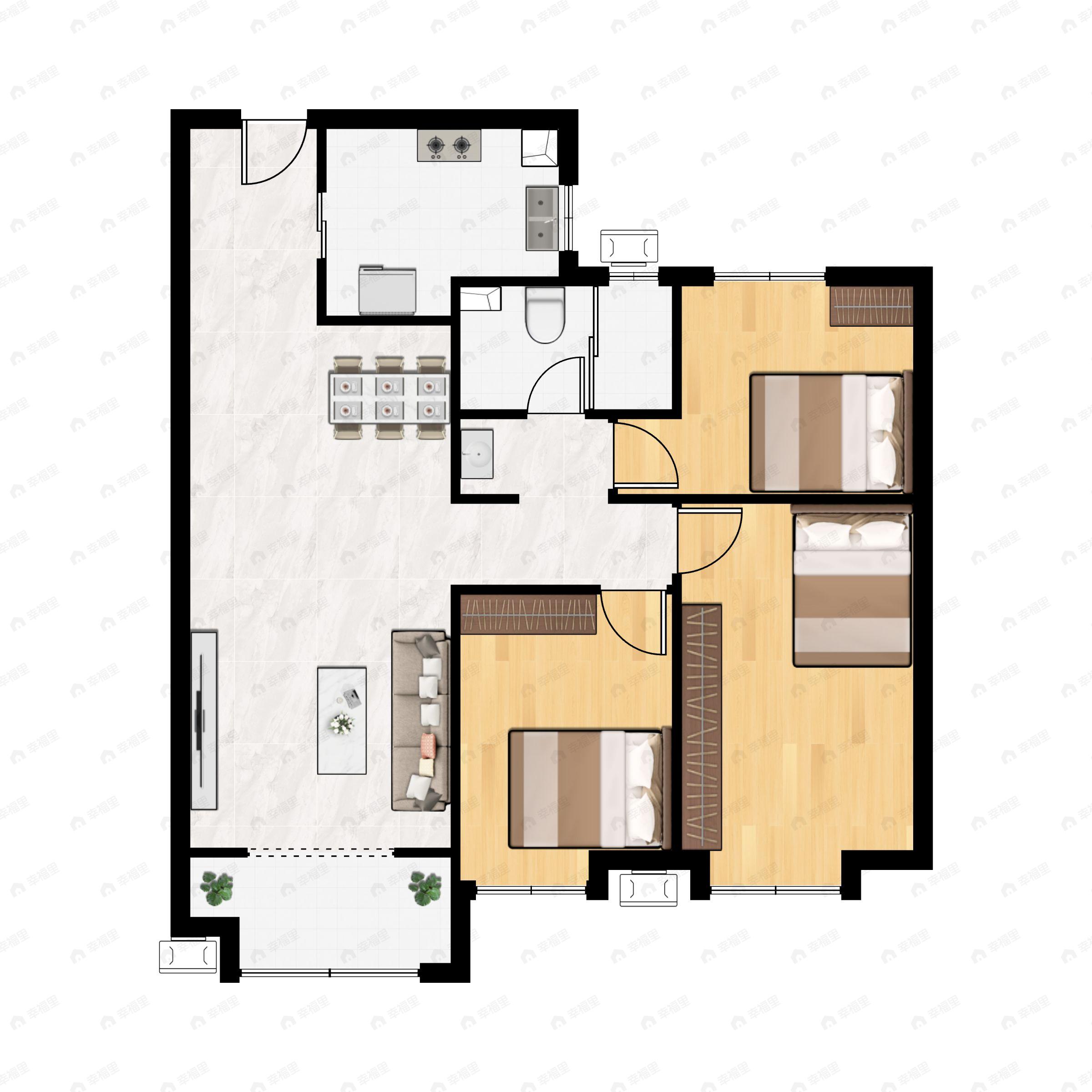 3室2厅1卫建面113m²北|南户型图