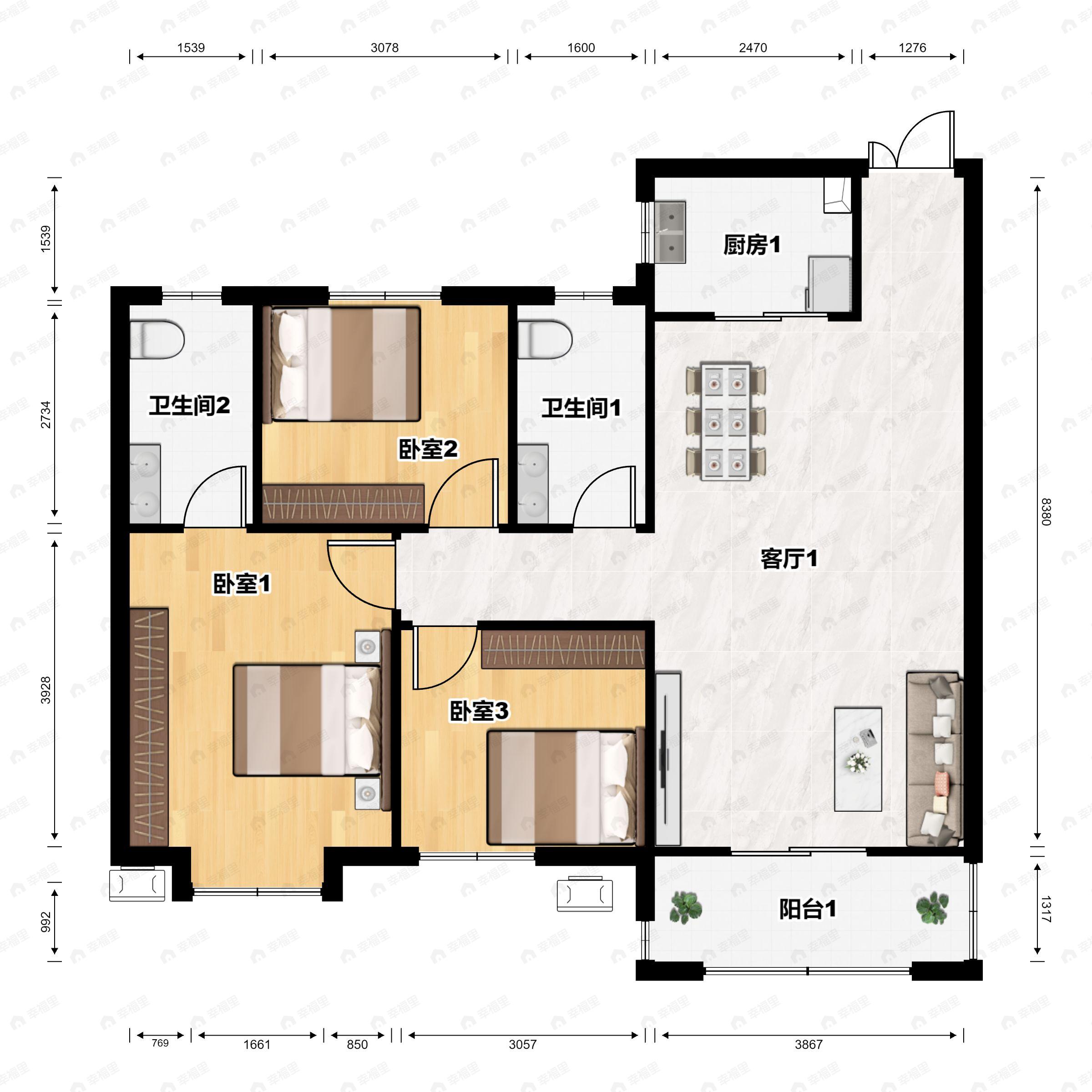 3室2厅2卫建面120m²南户型图