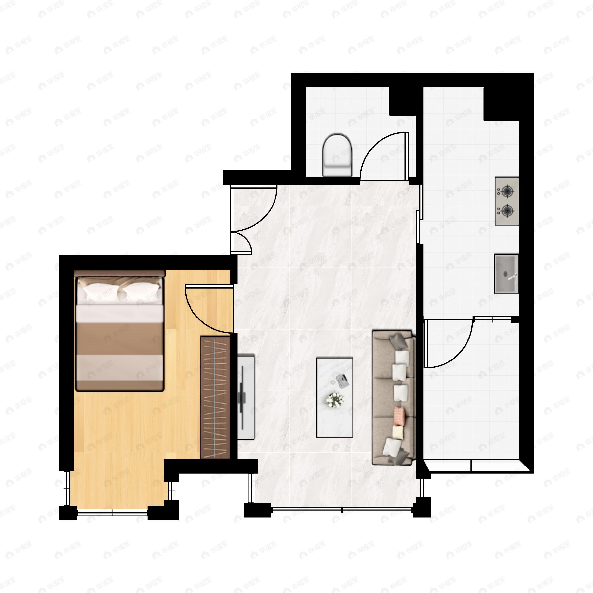 1室2厅1卫建面43m²南户型图