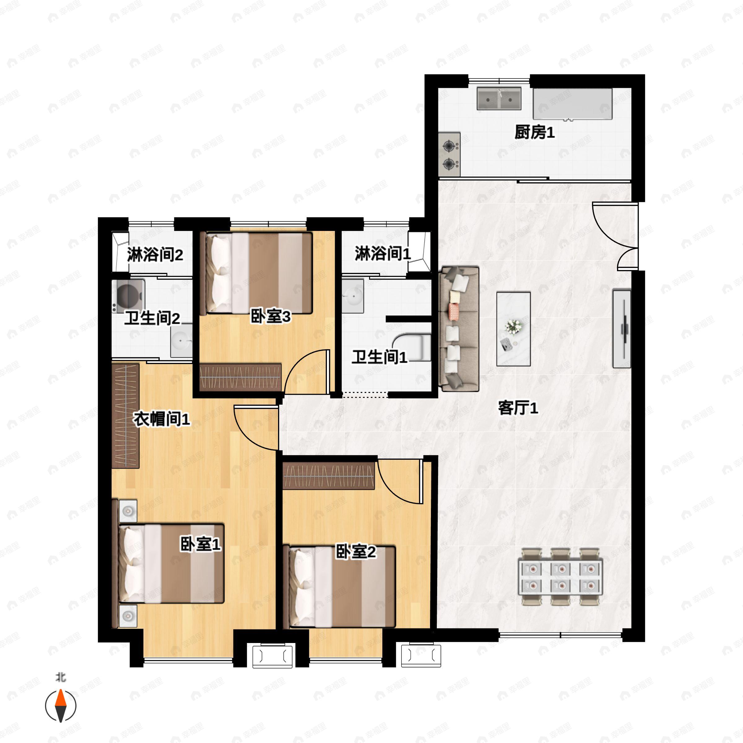 3室2厅2卫建面129平户型图