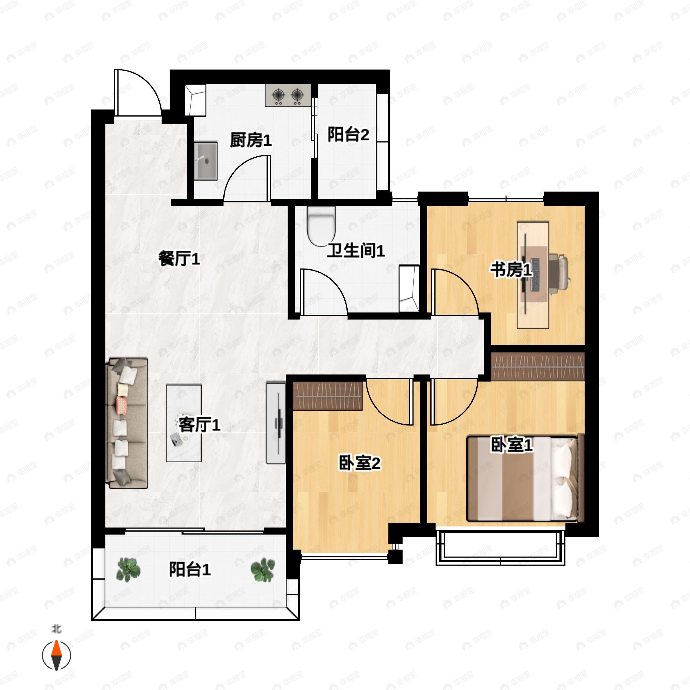 3室2厅1卫建面104平南户型图