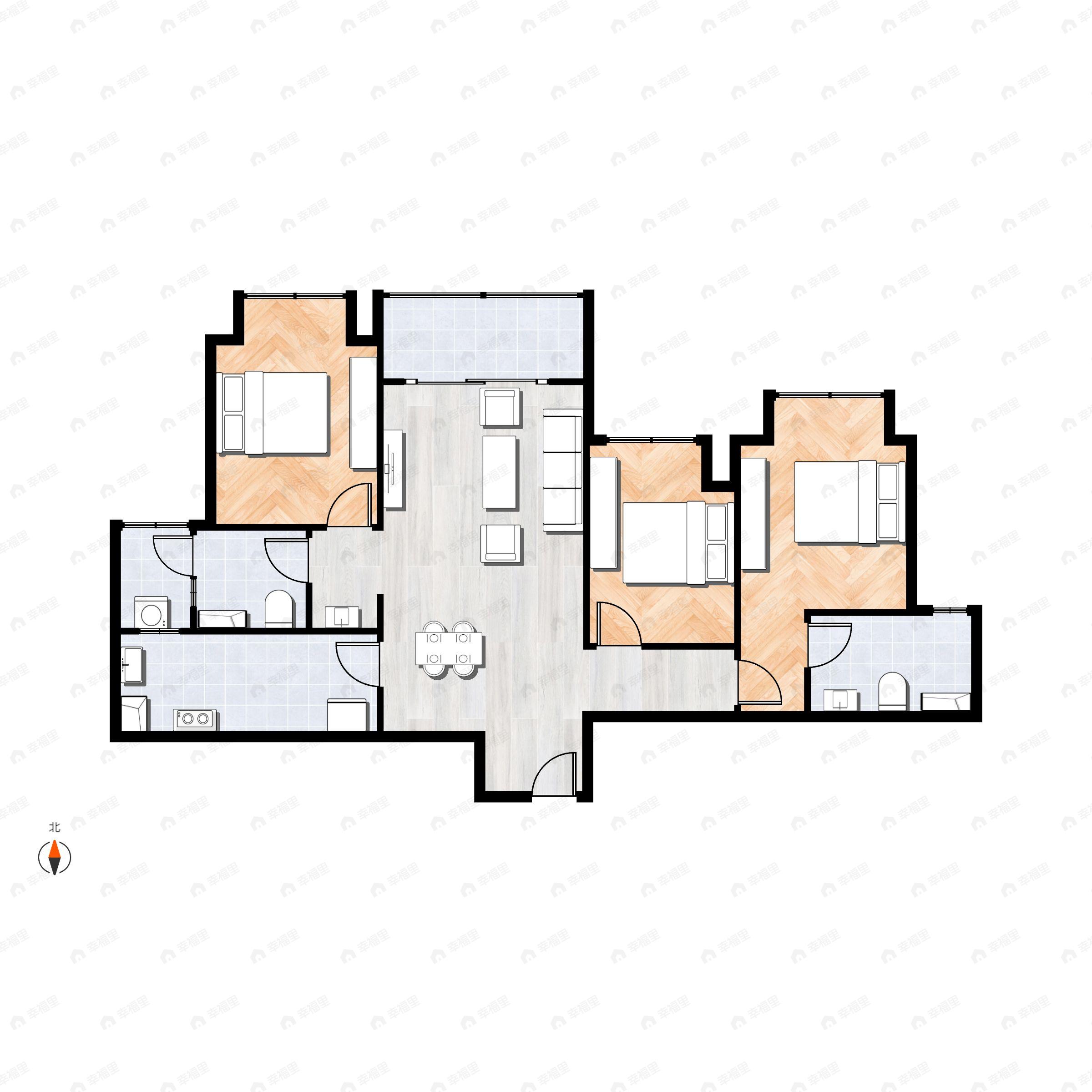 3室2厅2卫建面95平北|南户型图