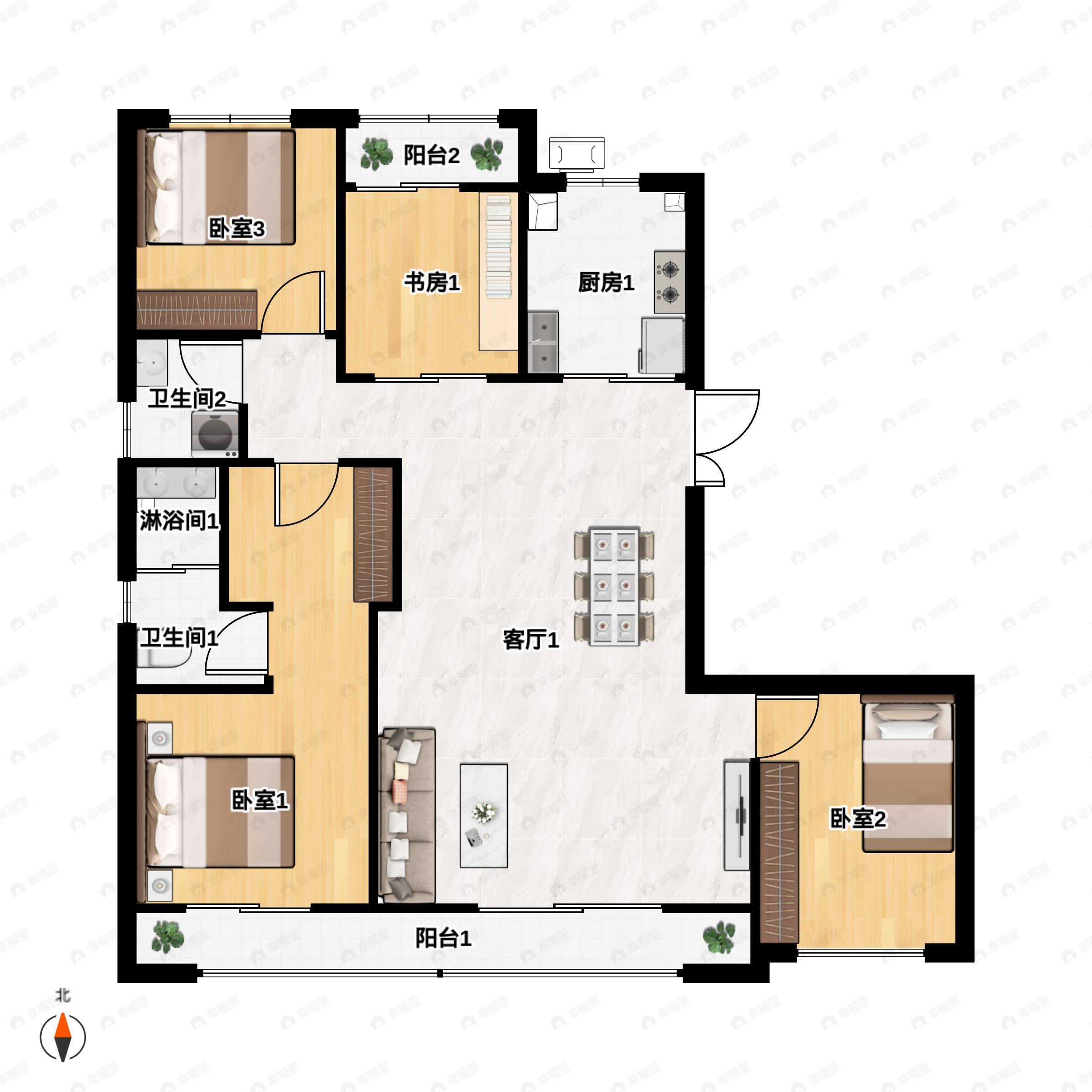 4室2厅2卫建面143平北|南户型图