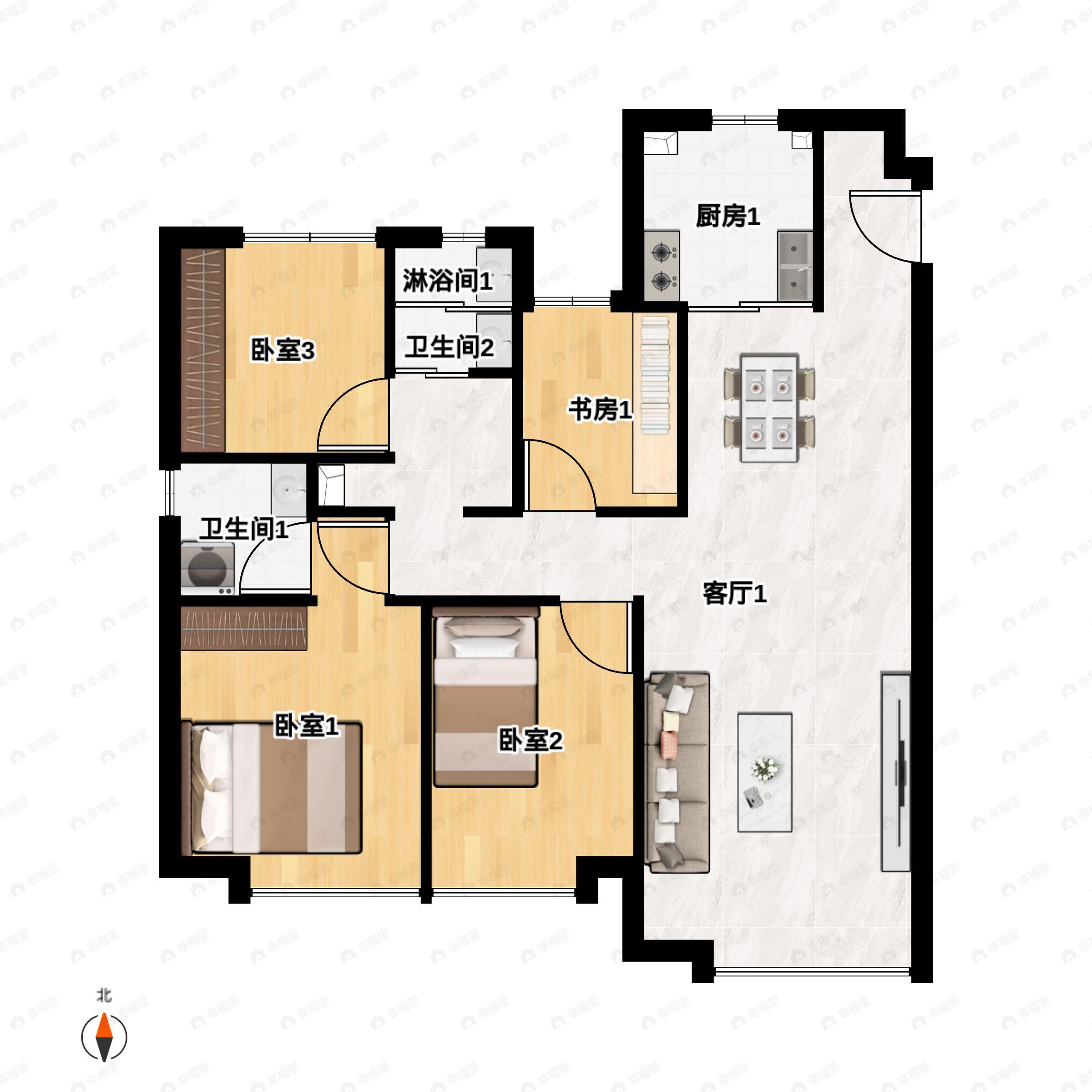 4室2厅2卫建面130平北|南户型图