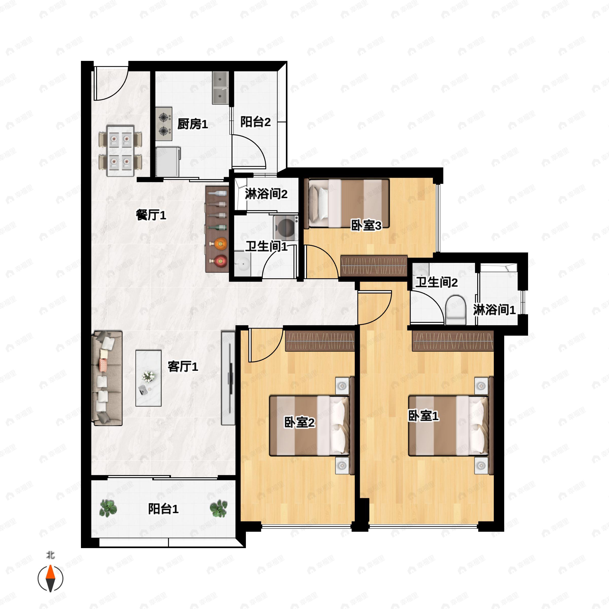 美林湖3室2厅2卫户型图