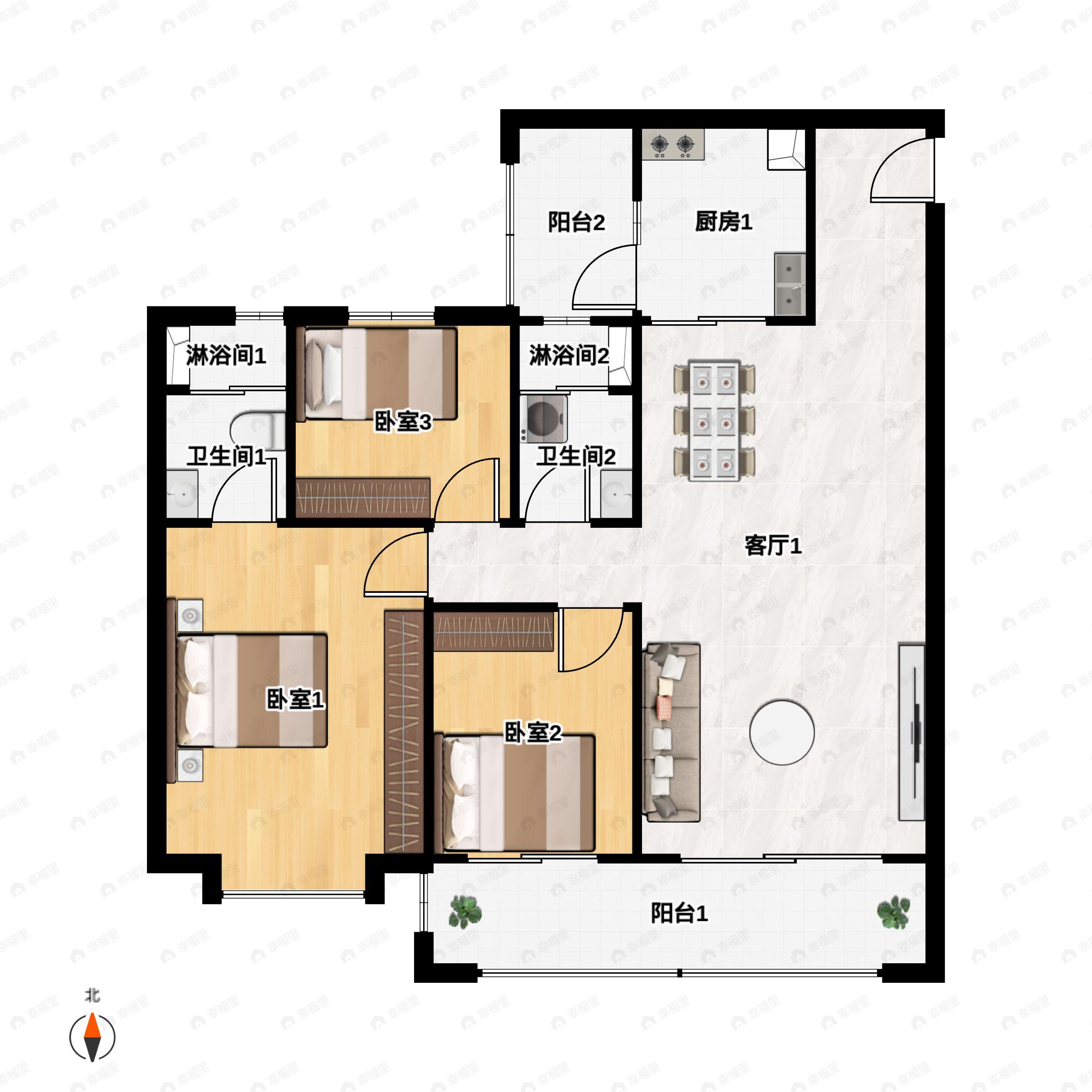 3室2厅2卫建面124m²南户型图