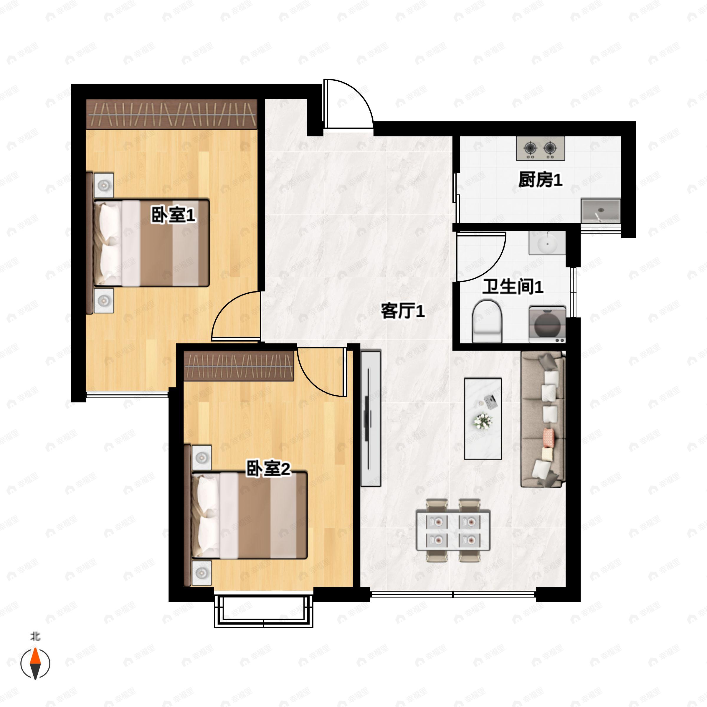 2室2厅1卫建面93m²南户型图