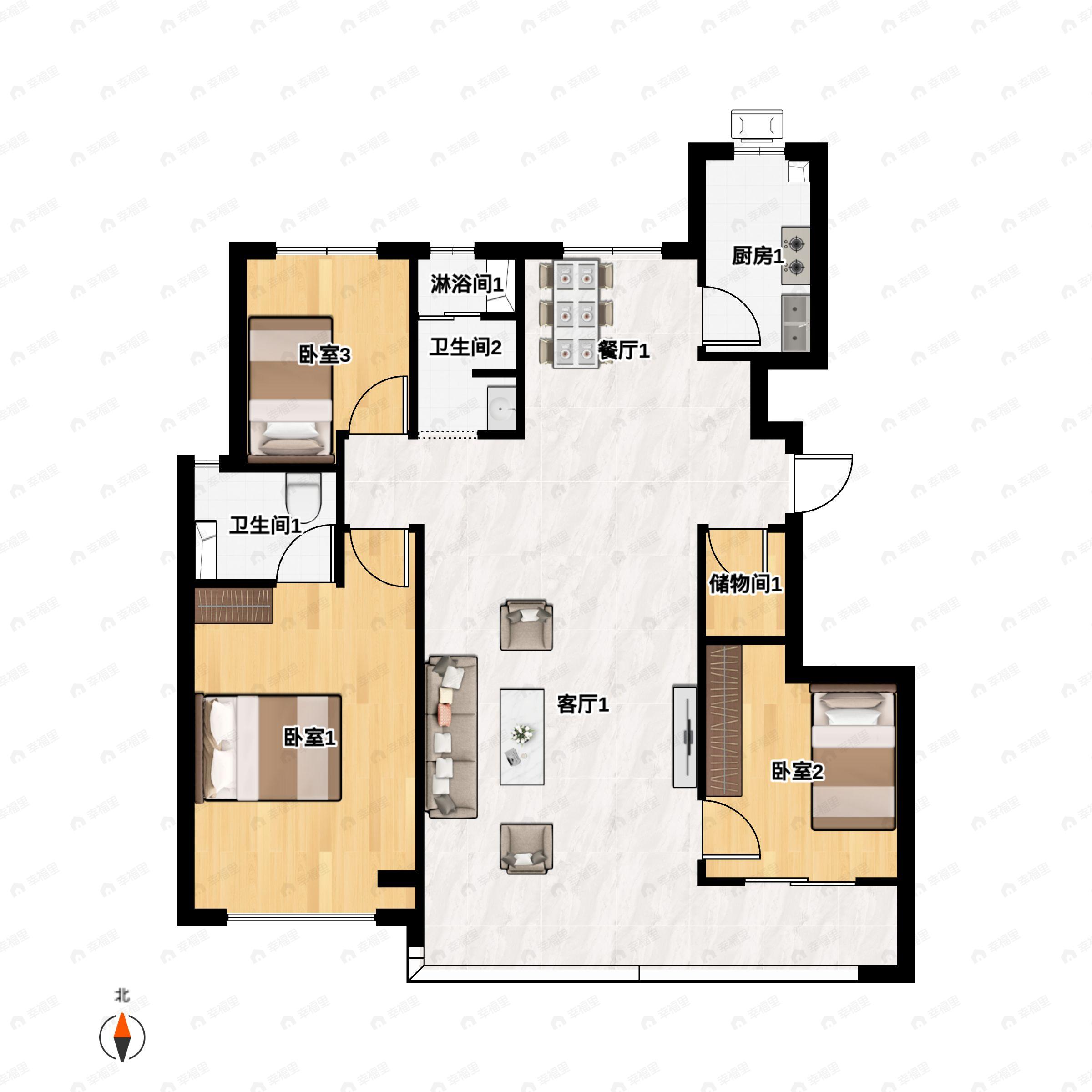 3室2厅2卫建面137平户型图