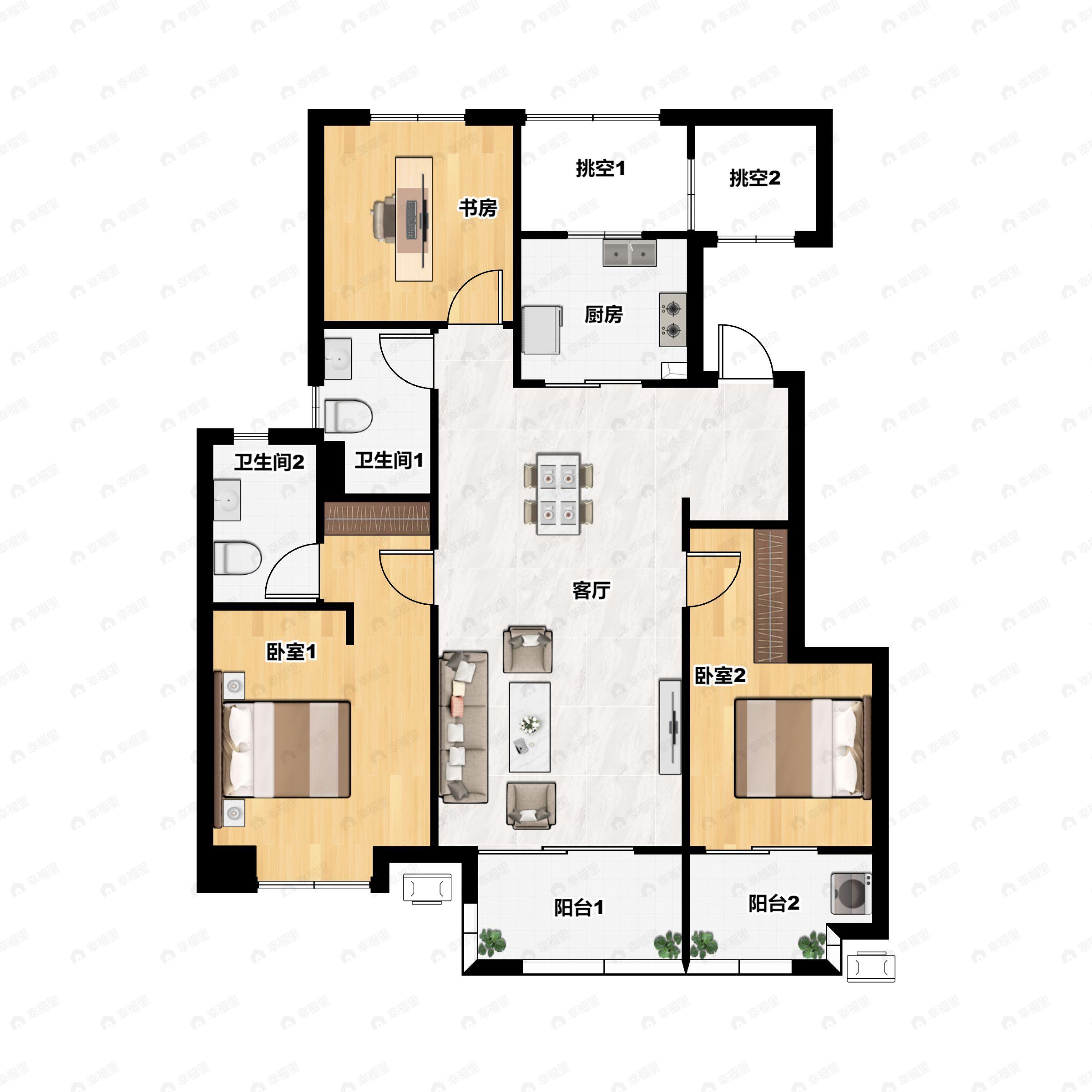 3室2厅2卫建面120m²南户型图