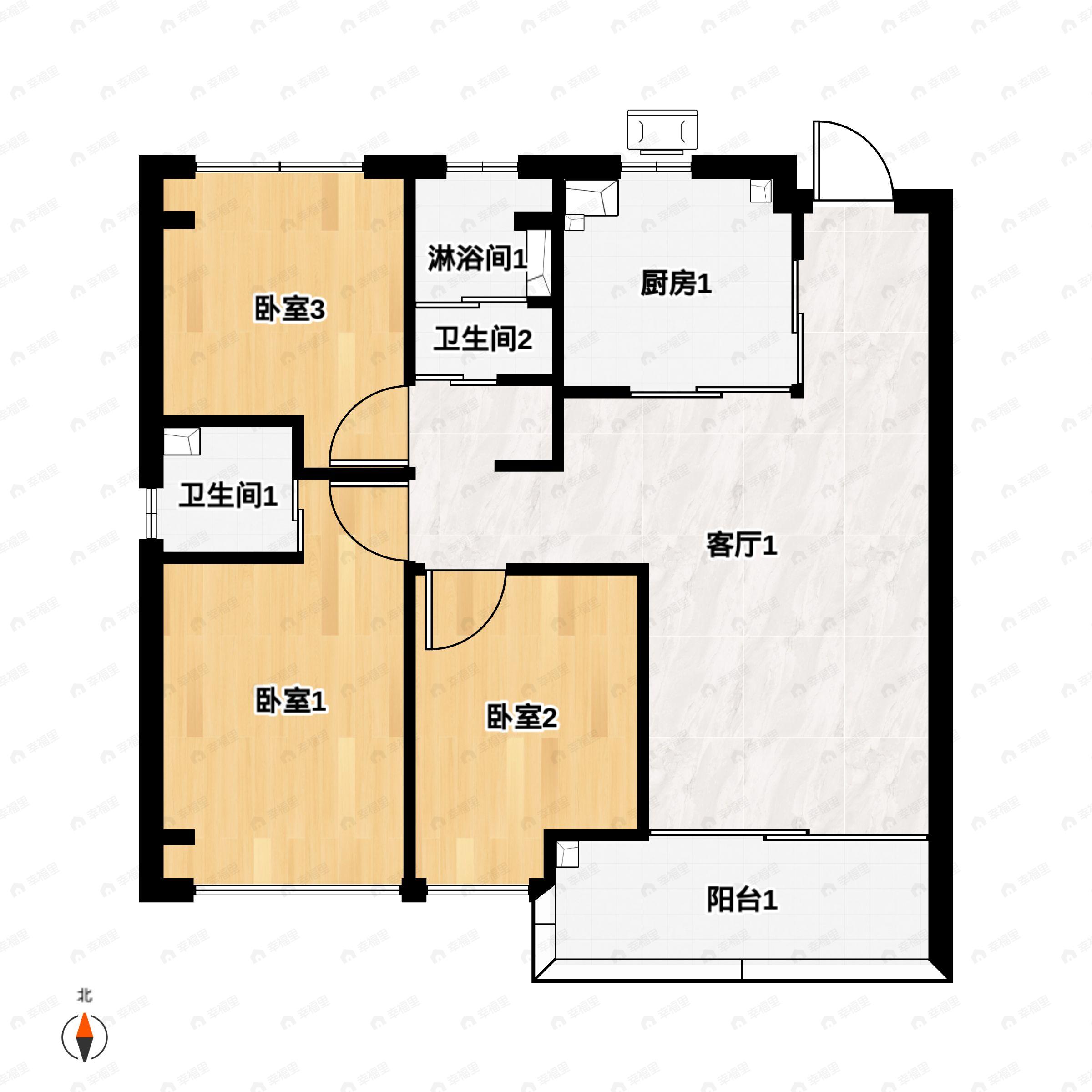 3室2厅2卫建面91平南户型图