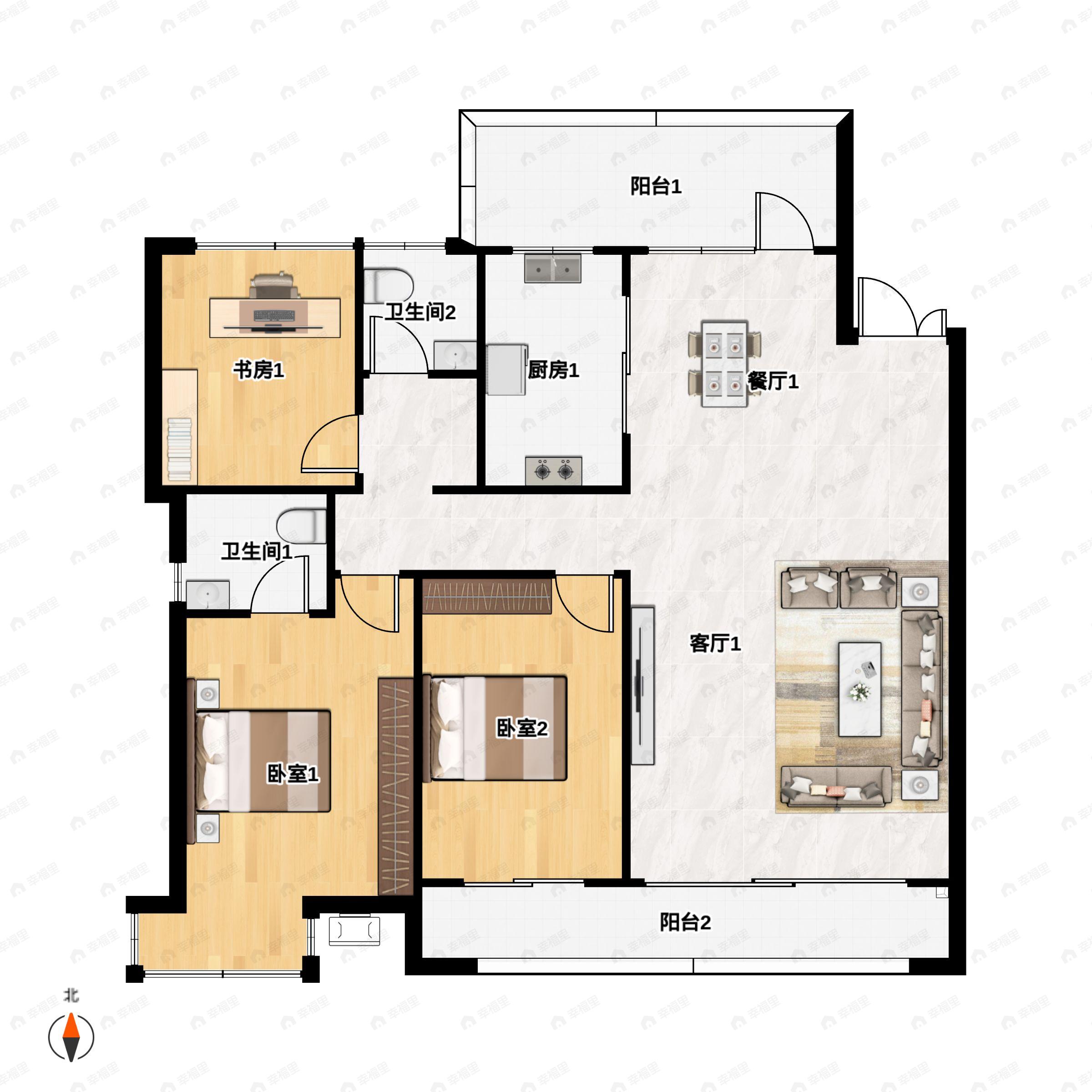 3室2厅2卫建面134m²南|北户型图