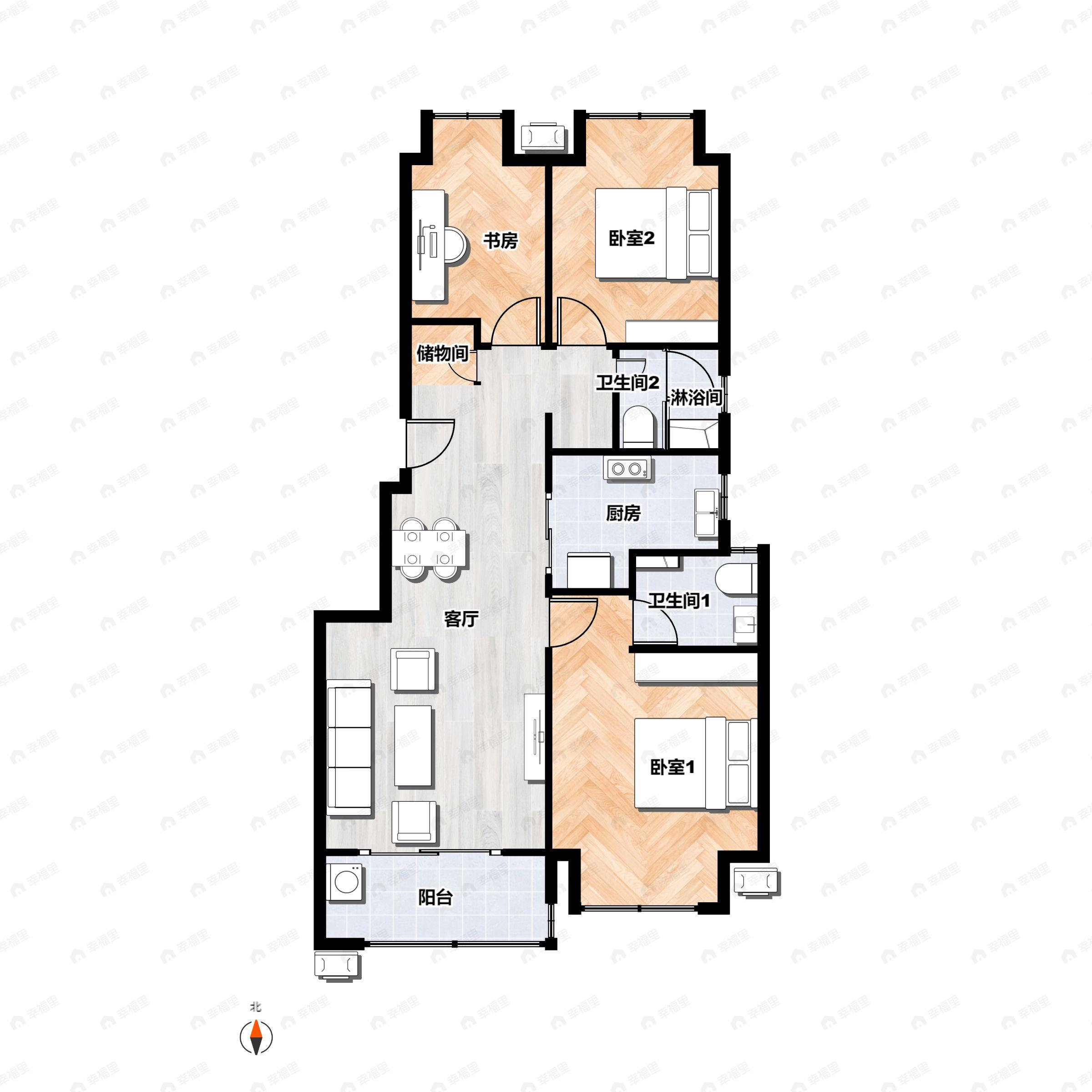 3室2厅2卫建面89平户型图