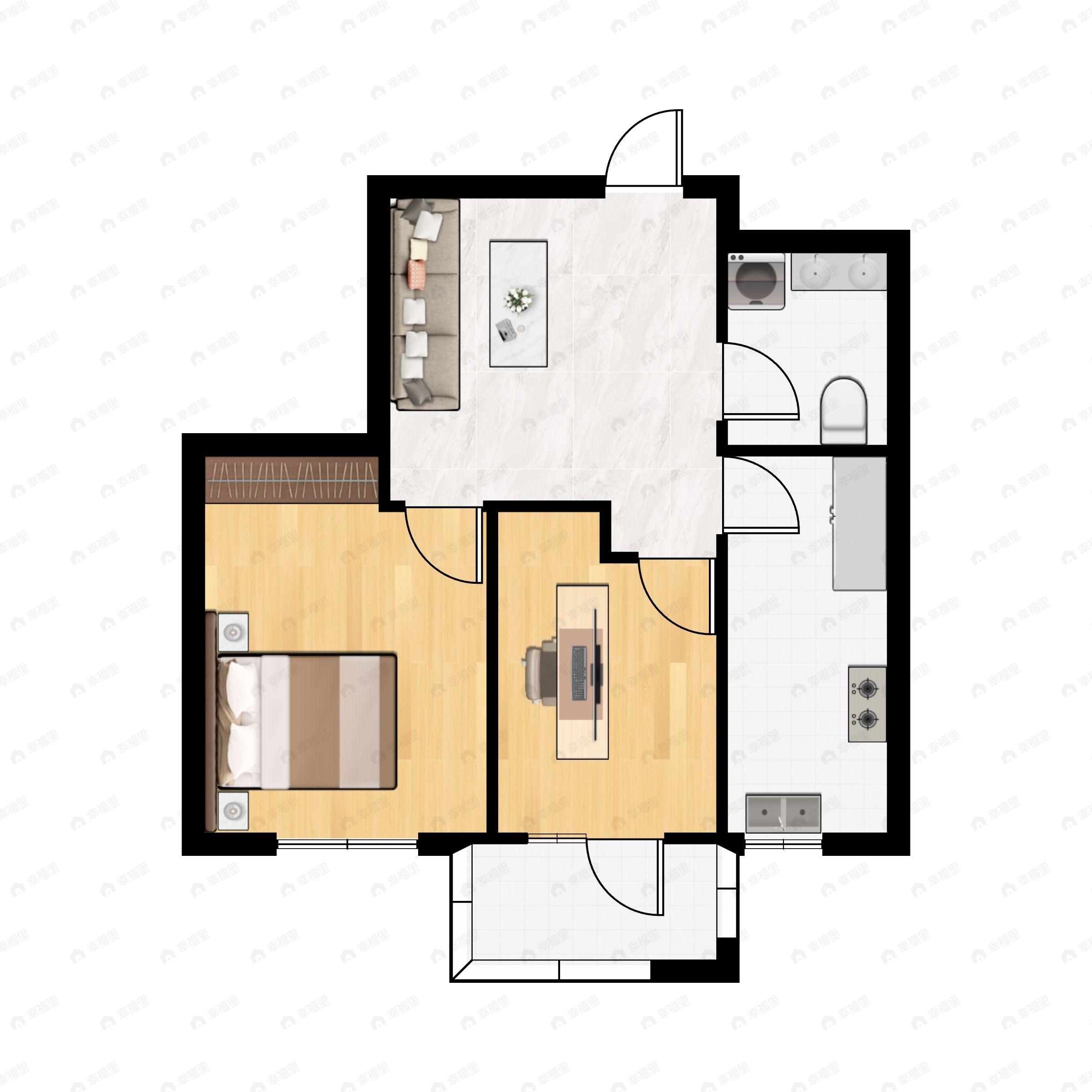 2室1厅1卫建面62平北|南户型图