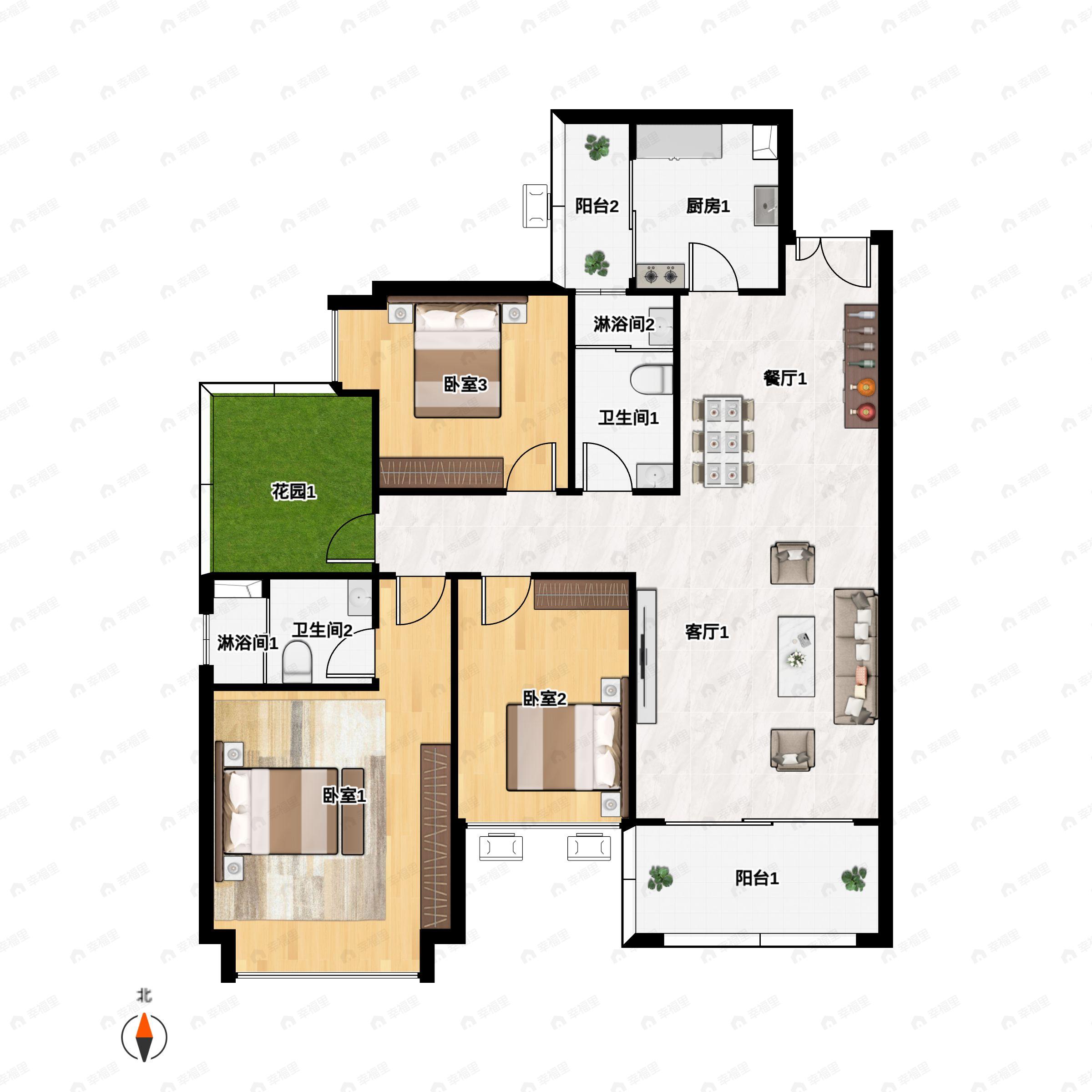 3室2厅2卫建面122平户型图