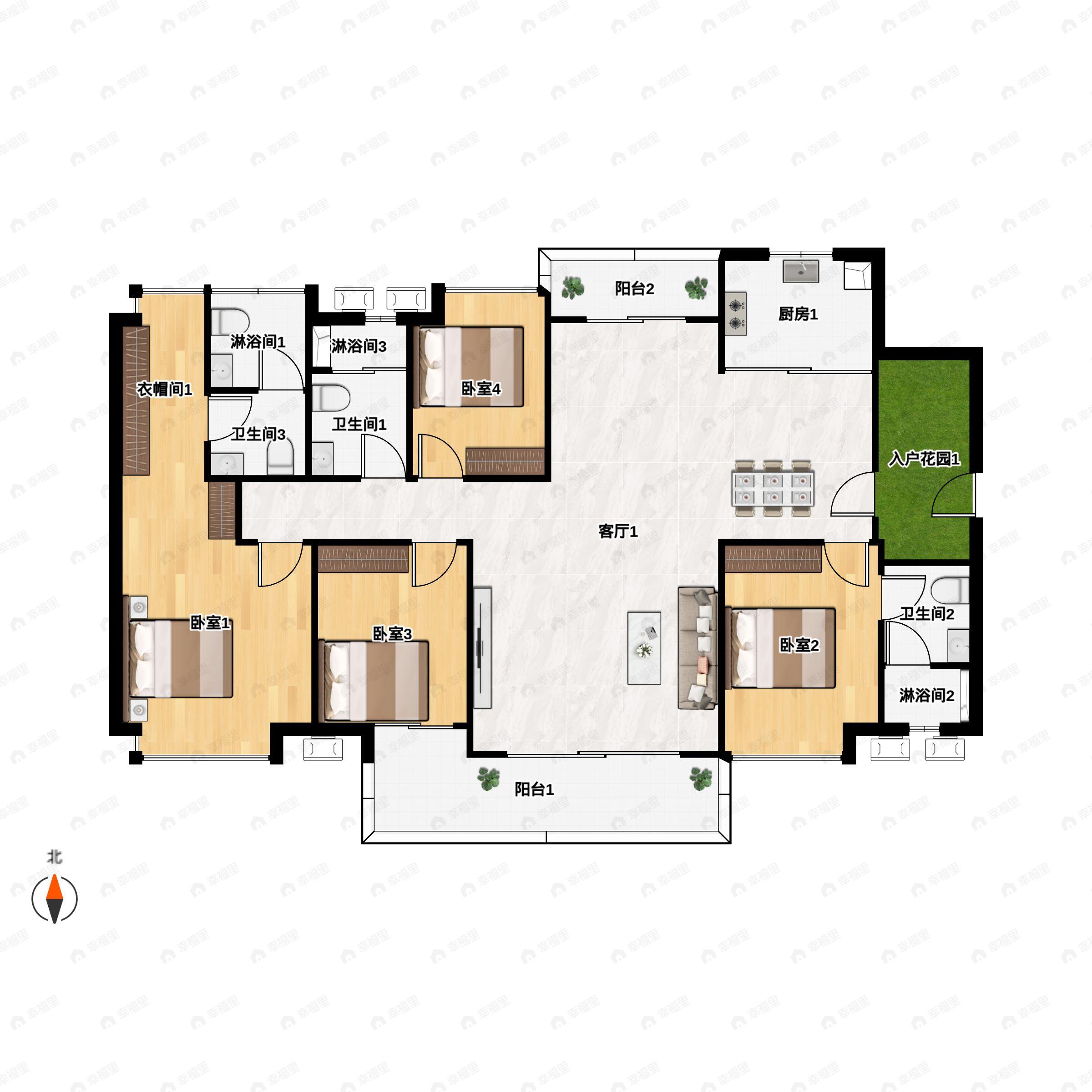 4室2厅3卫建面171平南|北户型图
