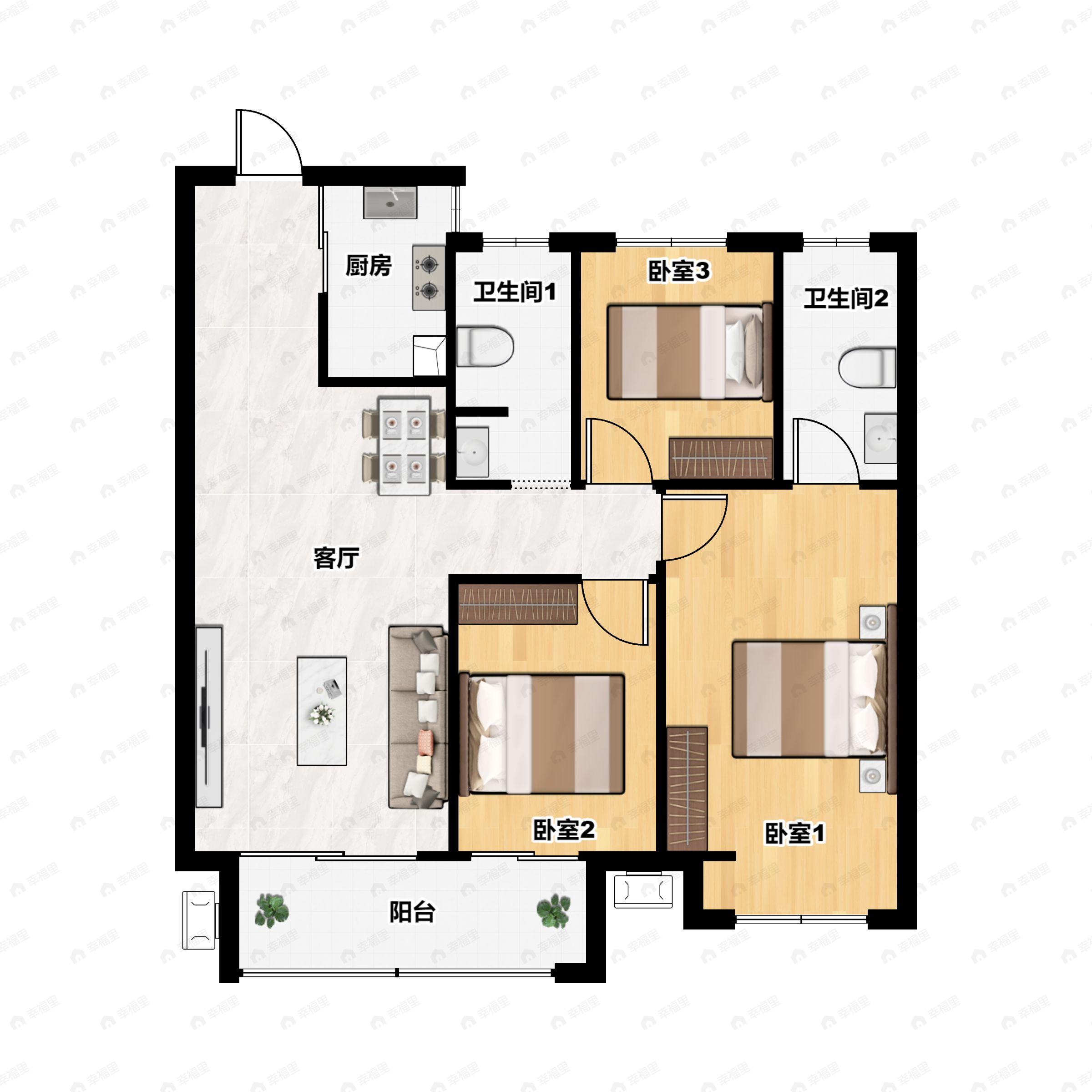 3室2厅2卫建面115平南户型图