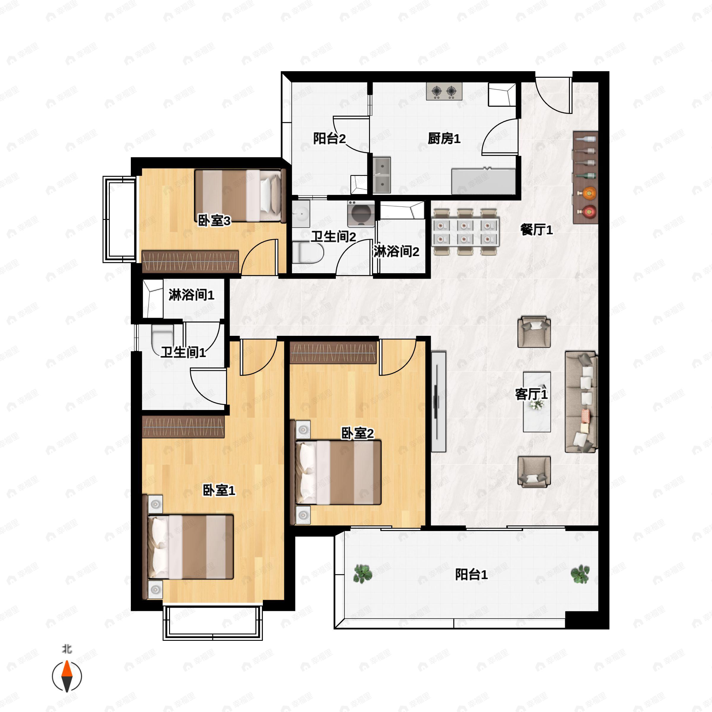 3室2厅2卫建面122平户型图