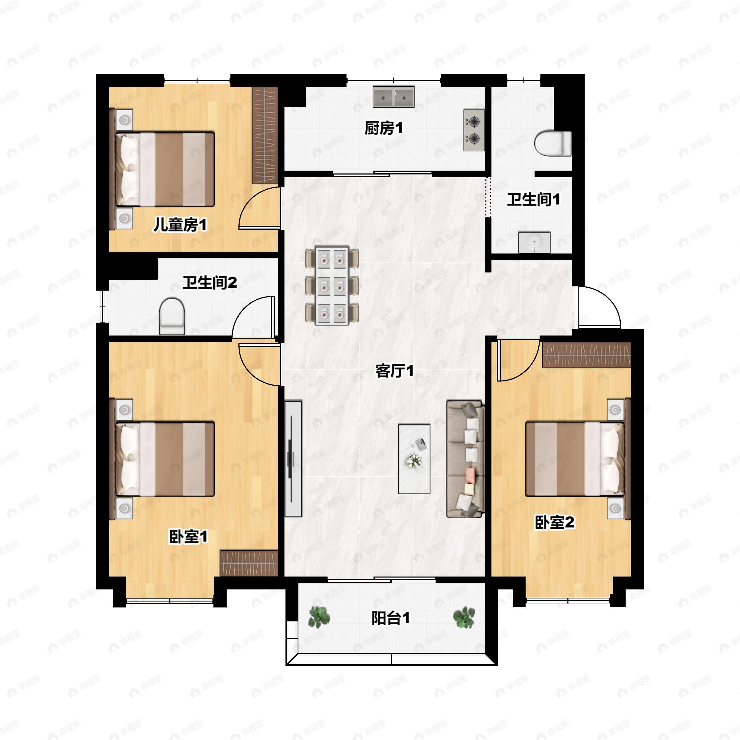 3室2厅2卫建面135m²南|北户型图