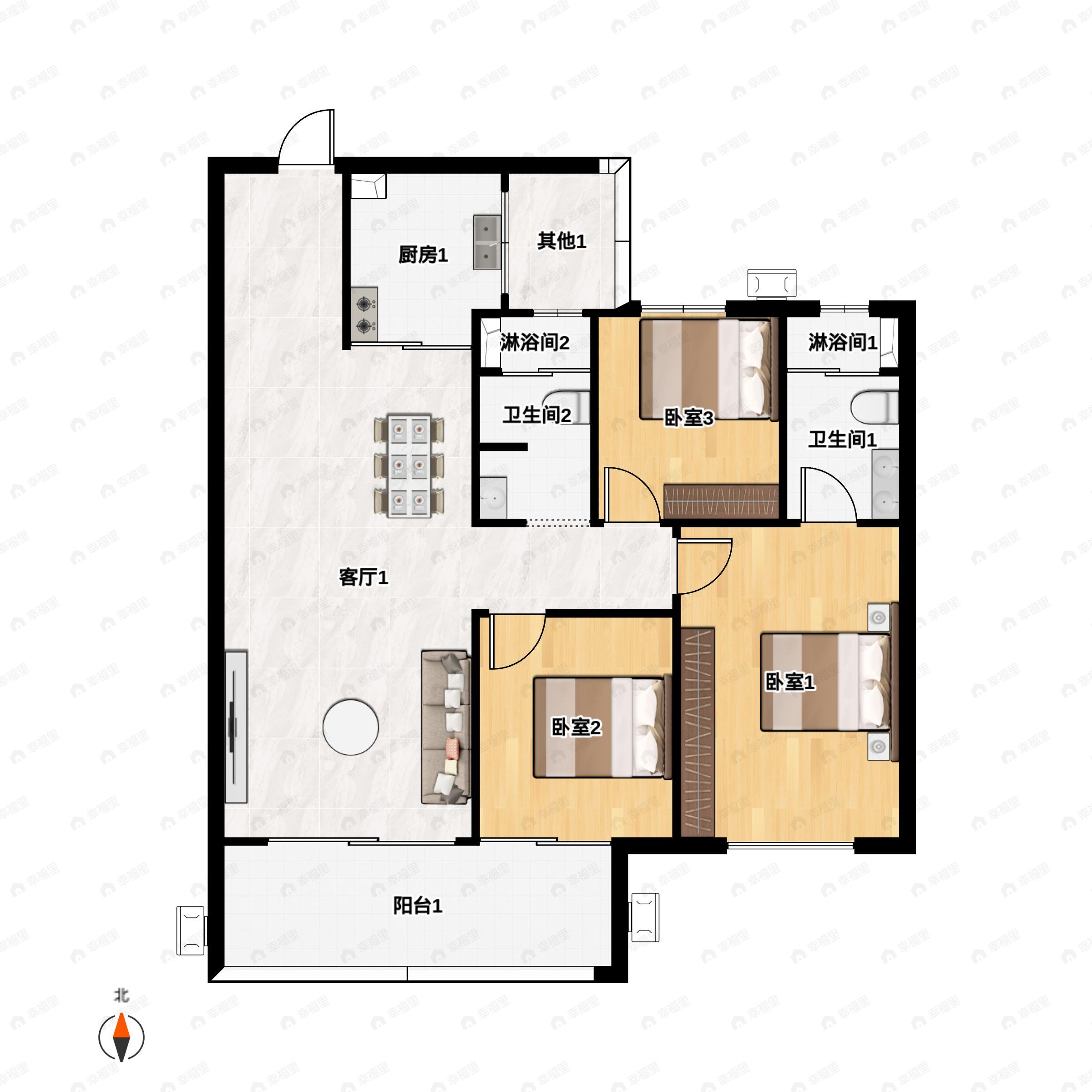 3室2厅2卫建面107m²北|南户型图