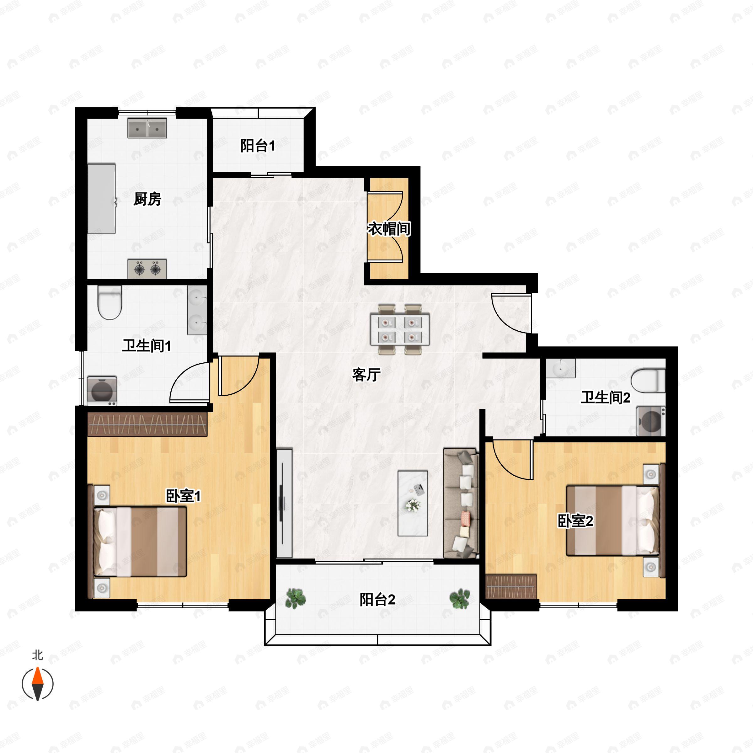 2室2厅2卫建面112平南户型图