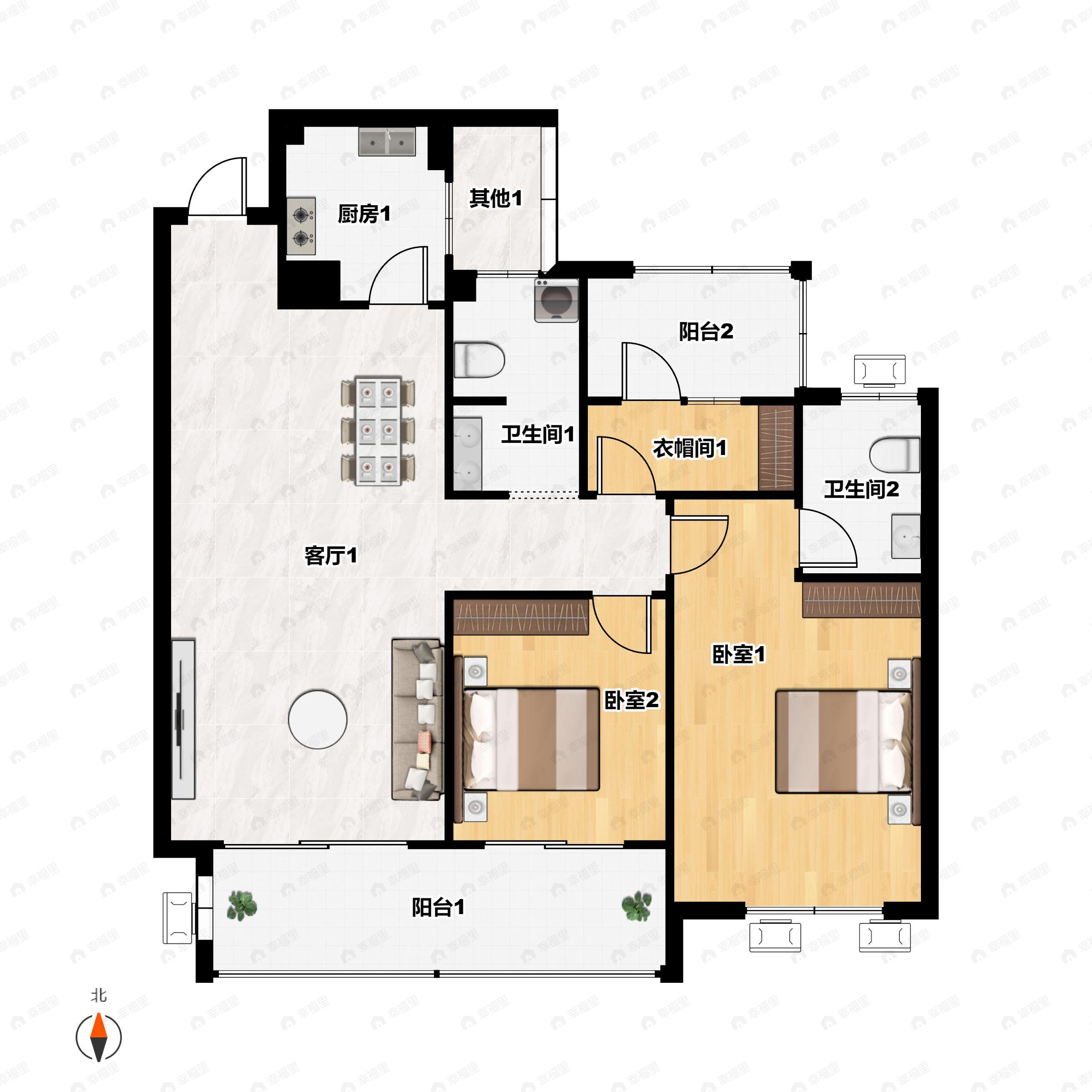 3室2厅2卫建面100平户型图