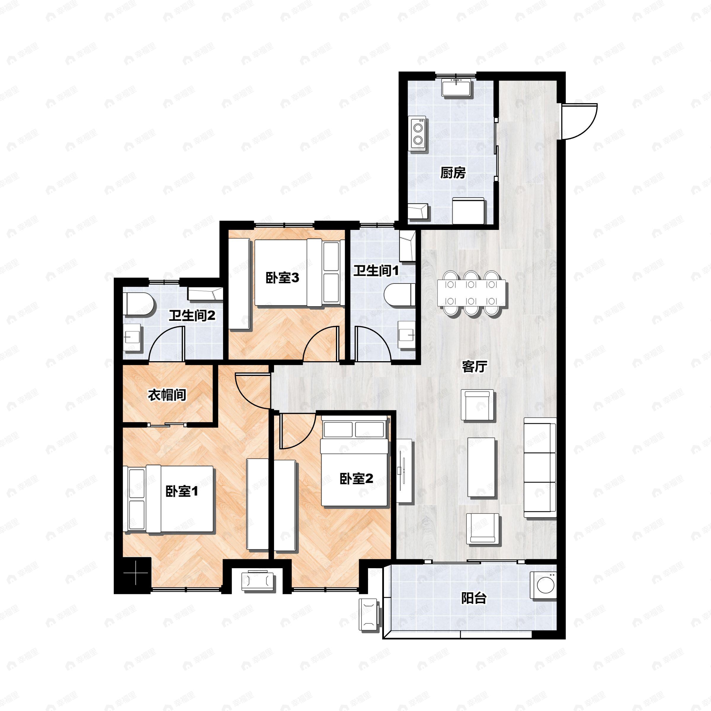 3室2厅2卫建面116平南户型图