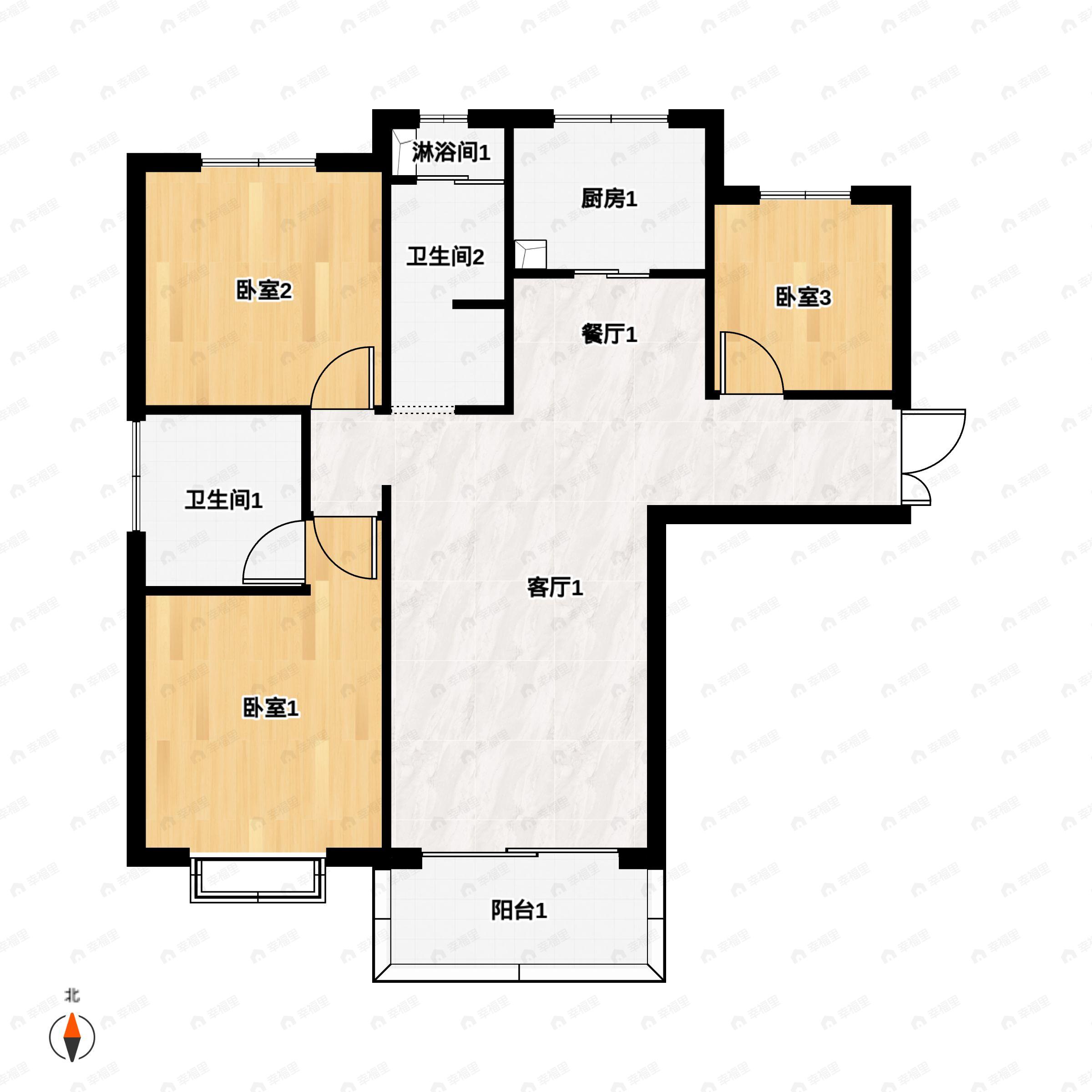 3室2厅2卫建面114平东|西|南|北户型图