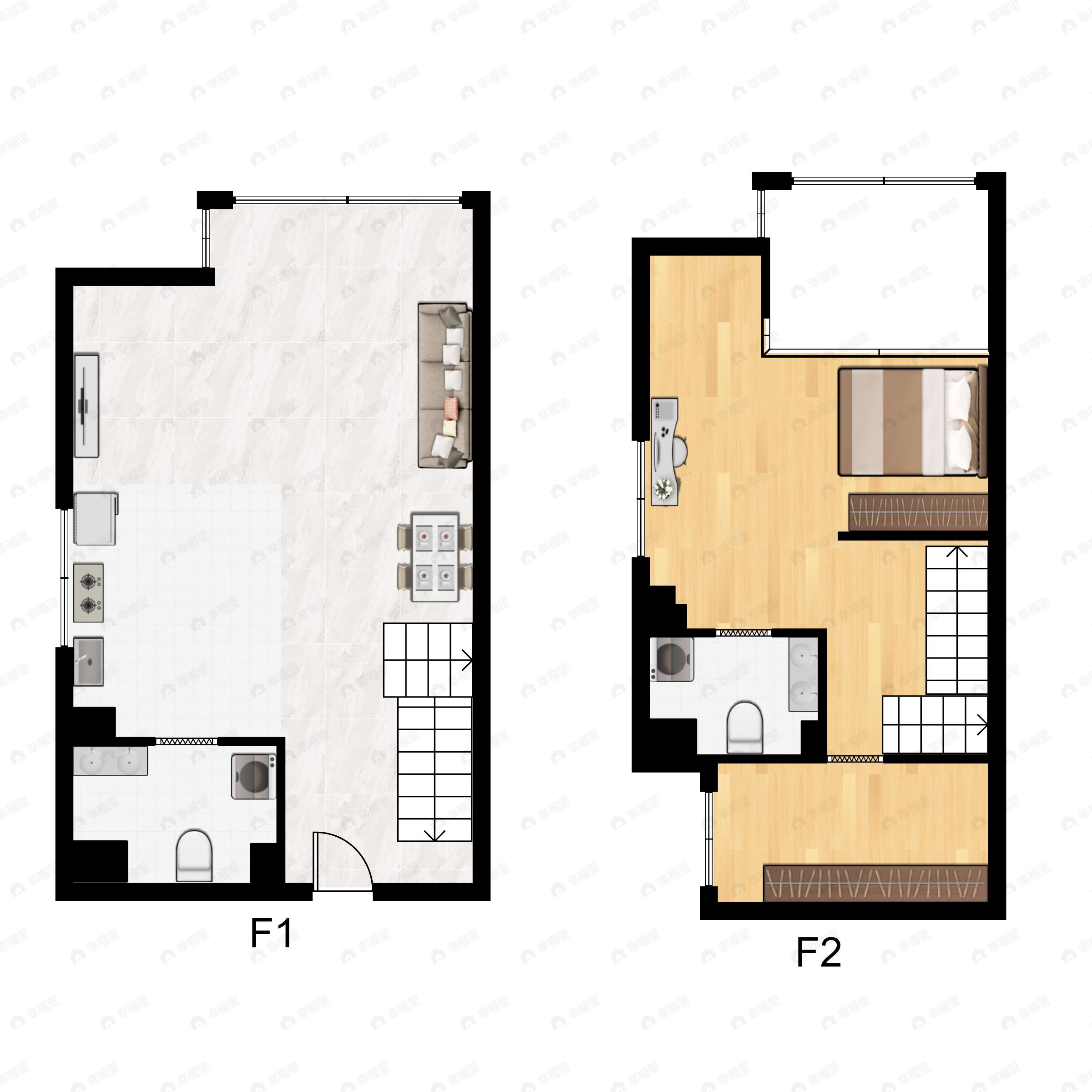 1室1厅2卫建面50m²北户型图