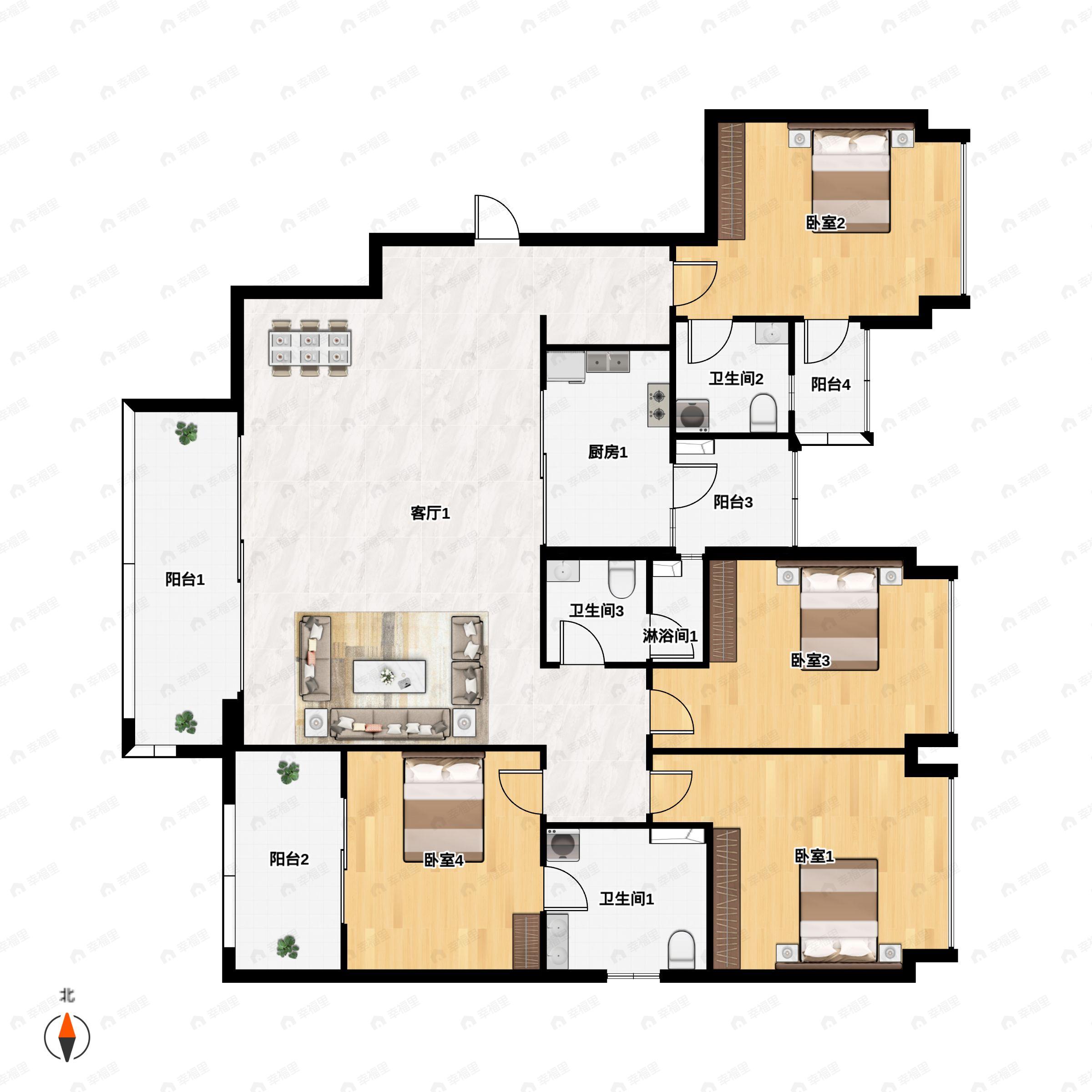 4室2厅3卫建面157平户型图