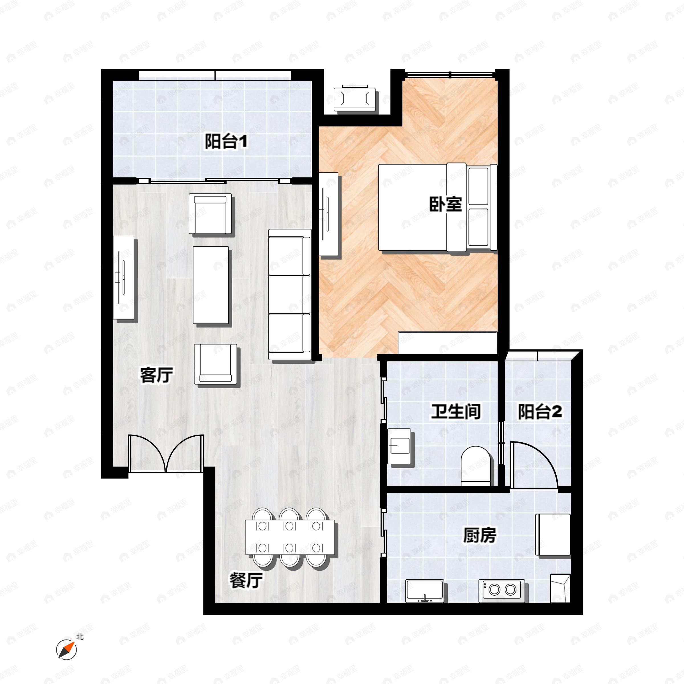 1室2厅1卫建面57平户型图