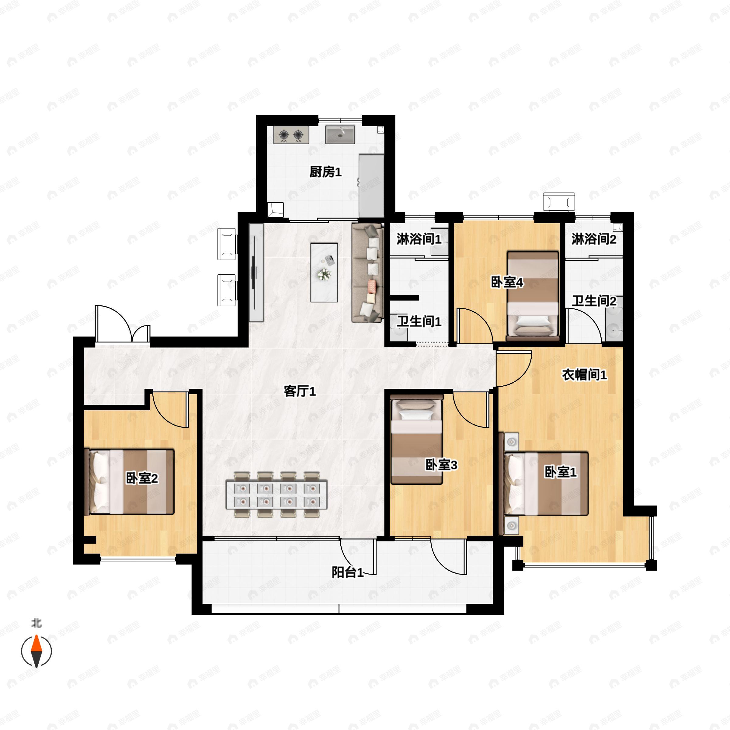 4室2厅2卫建面169平南户型图